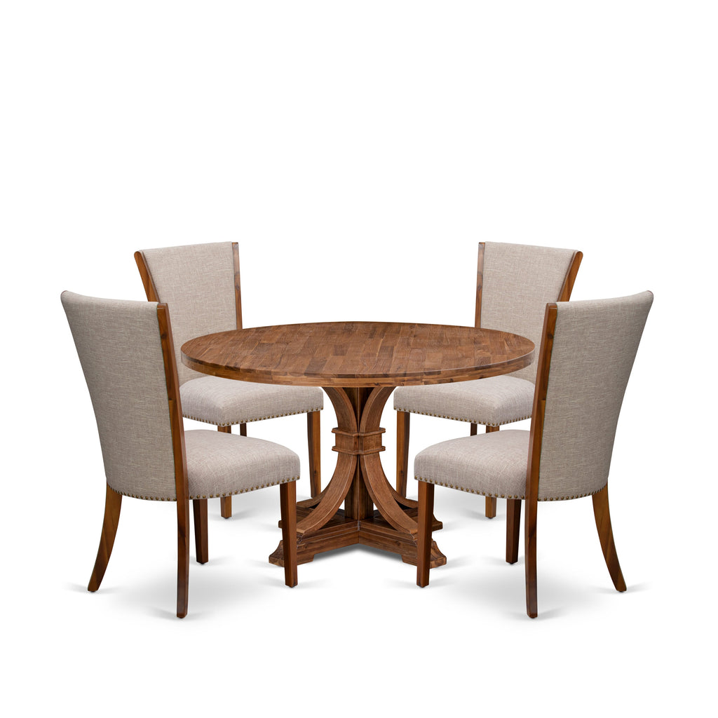 Luxe by East West Furniture I7VE5-50N-04 5 Piece Dinette Set for 4 Includes a 54" Round Table with Pedestal and 4 Light Tan Linen Fabric Parson Chairs, Antique Walnut