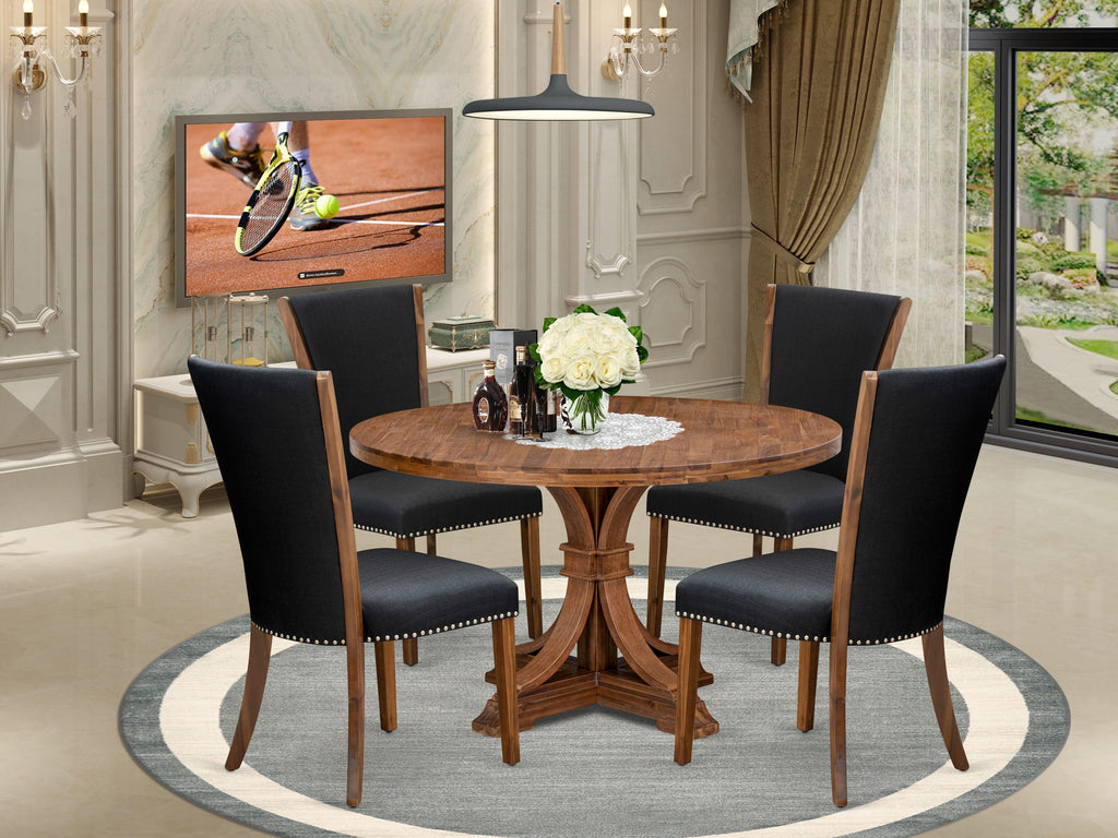 Luxe by East West Furniture I7VE5-50N-24 5 Piece Dinette Set for 4 Contains a 54" Round Table with Pedestal and 4 Black Linen Fabric Upholstered Chairs, Antique Walnut