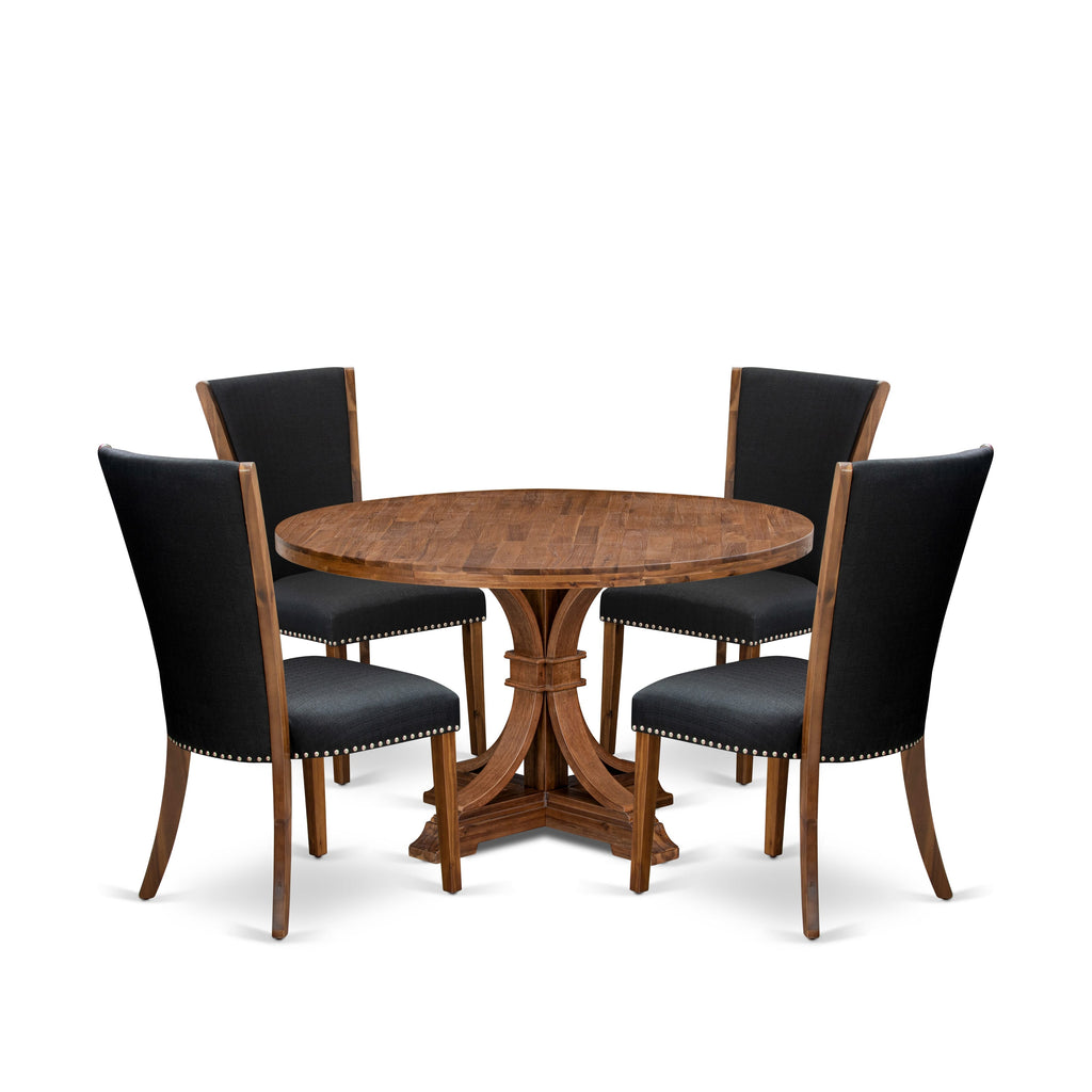 Luxe by East West Furniture I7VE5-50N-24 5 Piece Dinette Set for 4 Contains a 54" Round Table with Pedestal and 4 Black Linen Fabric Upholstered Chairs, Antique Walnut