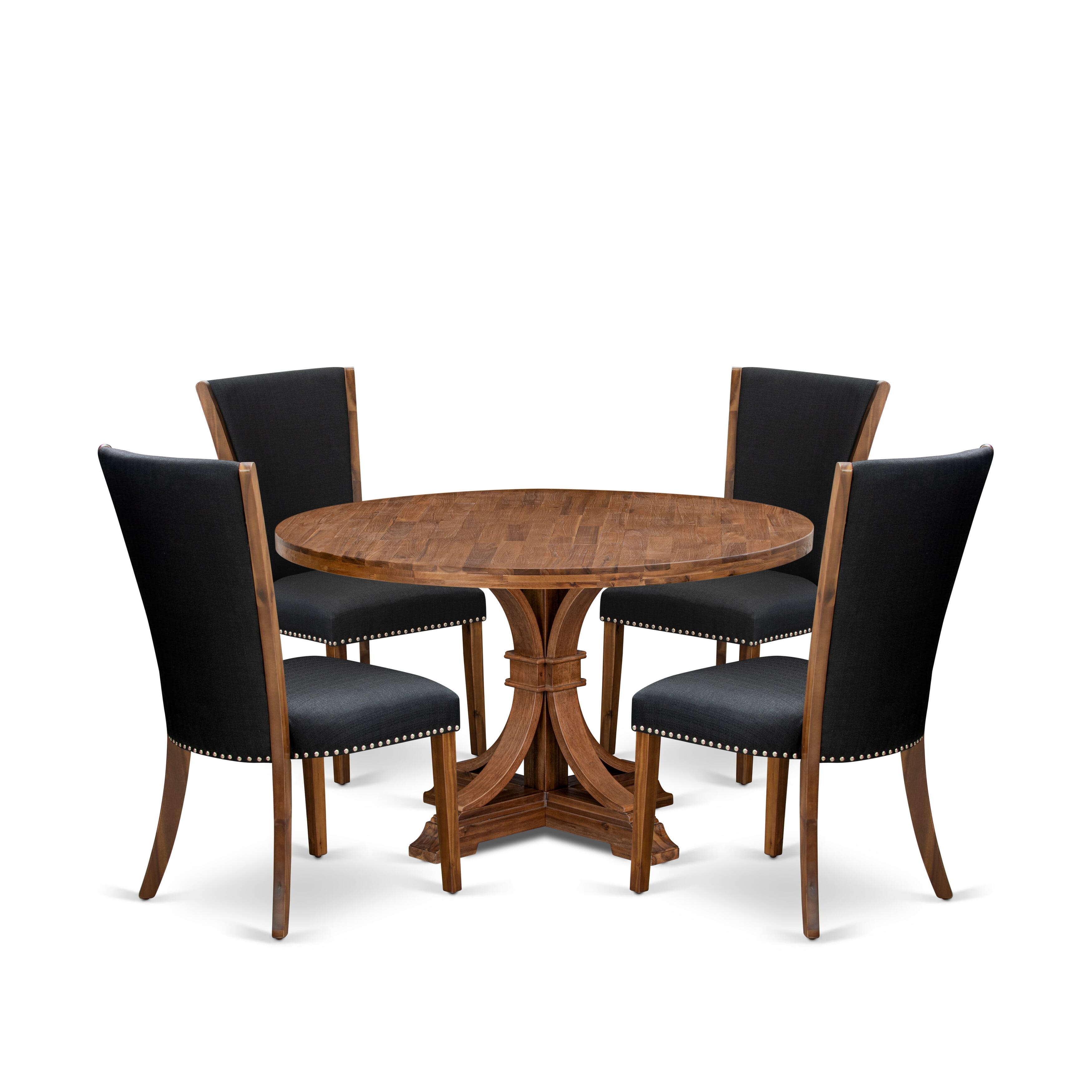 Luxe by East West Furniture I7VE5-50N-24 5 Piece Dinette Set for 4 Contains a 54" Round Table with Pedestal and 4 Black Linen Fabric Upholstered Chairs, Antique Walnut