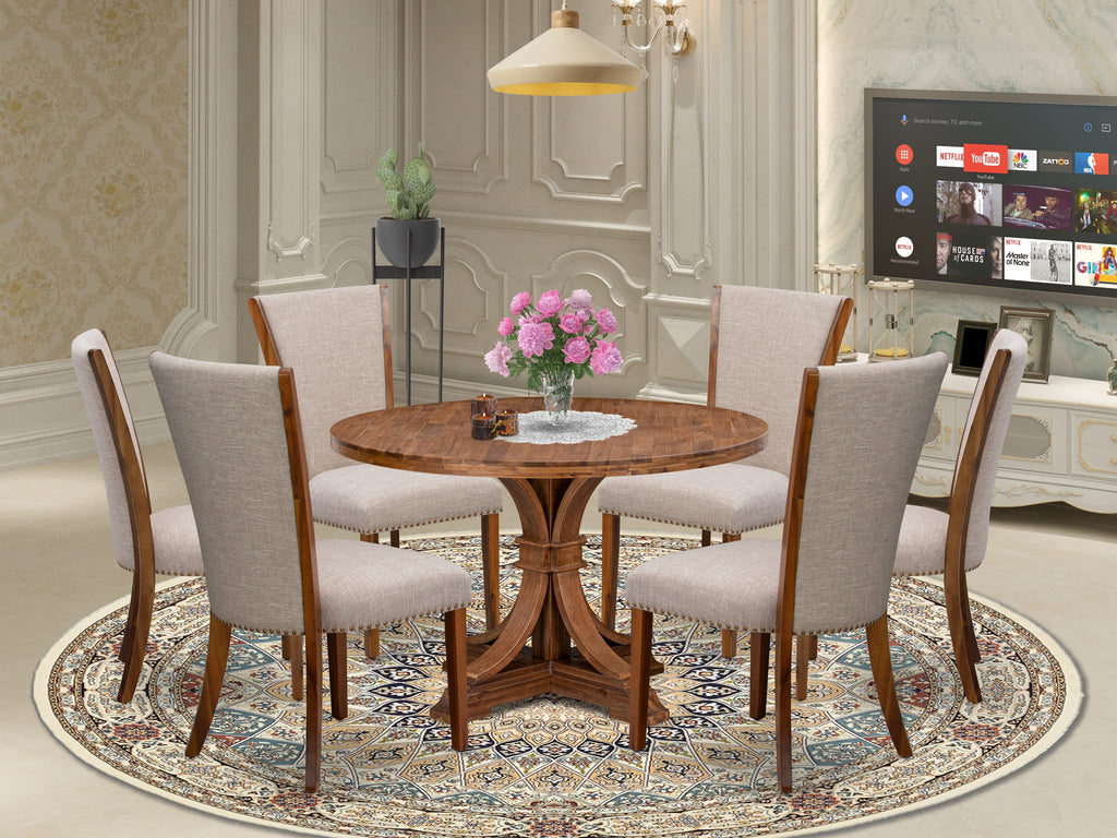 Luxe by East West Furniture I7VE7-40N-04 7 Piece Dining Set for 6 Contains a 48" Round Table with Pedestal and 6 Light Tan Linen Fabric Parson Chairs, Antique Walnut