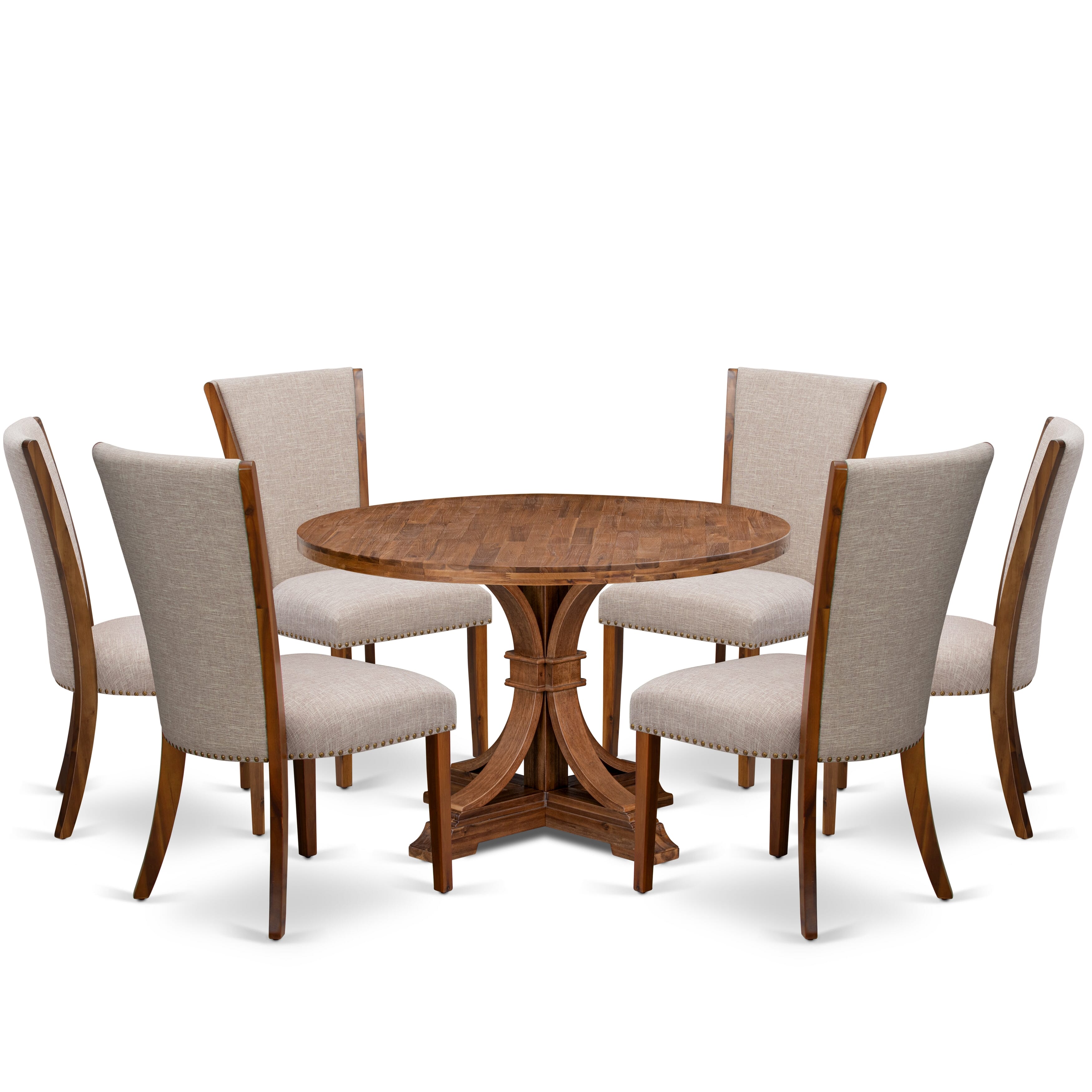 Luxe by East West Furniture I7VE7-40N-04 7 Piece Dining Set for 6 Contains a 48" Round Table with Pedestal and 6 Light Tan Linen Fabric Parson Chairs, Antique Walnut