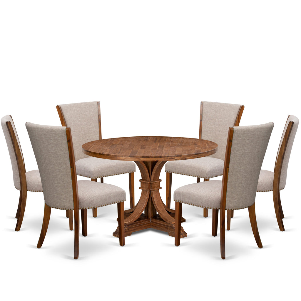 Luxe by East West Furniture I7VE7-40N-04 7 Piece Dining Set for 6 Contains a 48" Round Table with Pedestal and 6 Light Tan Linen Fabric Parson Chairs, Antique Walnut