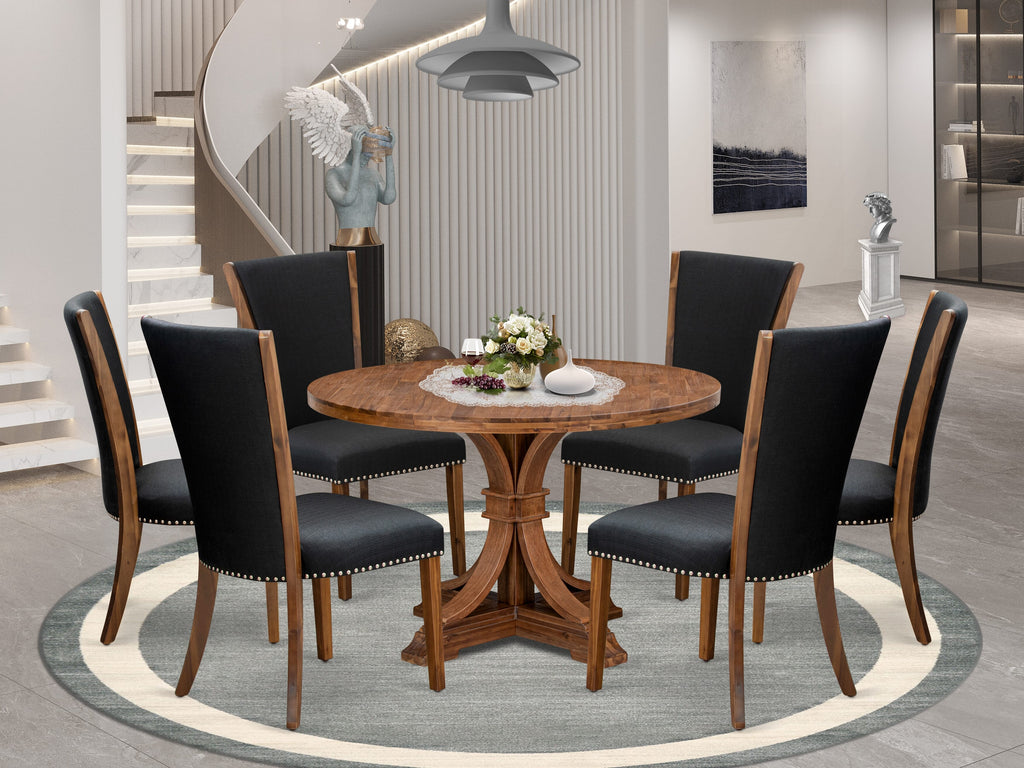 Luxe by East West Furniture I7VE7-40N-24 7 Piece Dining Set for 6 Consists of a 48" Round Table with Pedestal and 6 Black Linen Fabric Parson Chairs, Antique Walnut