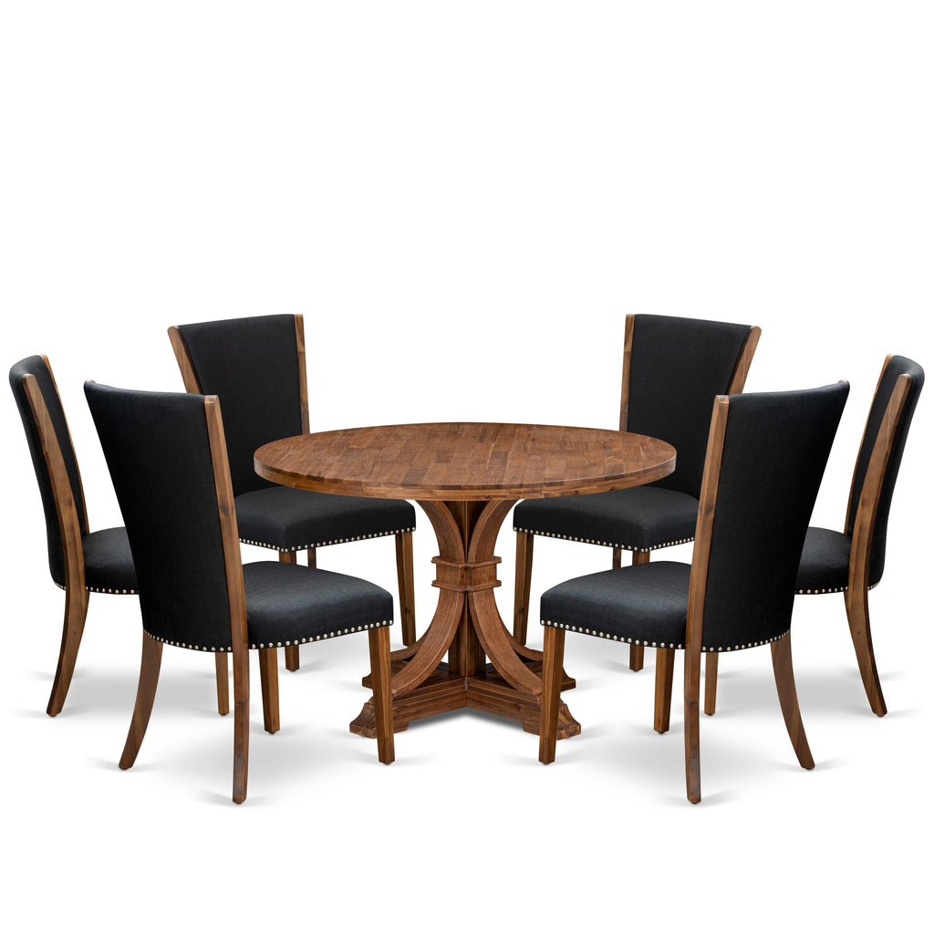 Luxe by East West Furniture I7VE7-40N-24 7 Piece Dining Set for 6 Consists of a 48" Round Table with Pedestal and 6 Black Linen Fabric Parson Chairs, Antique Walnut
