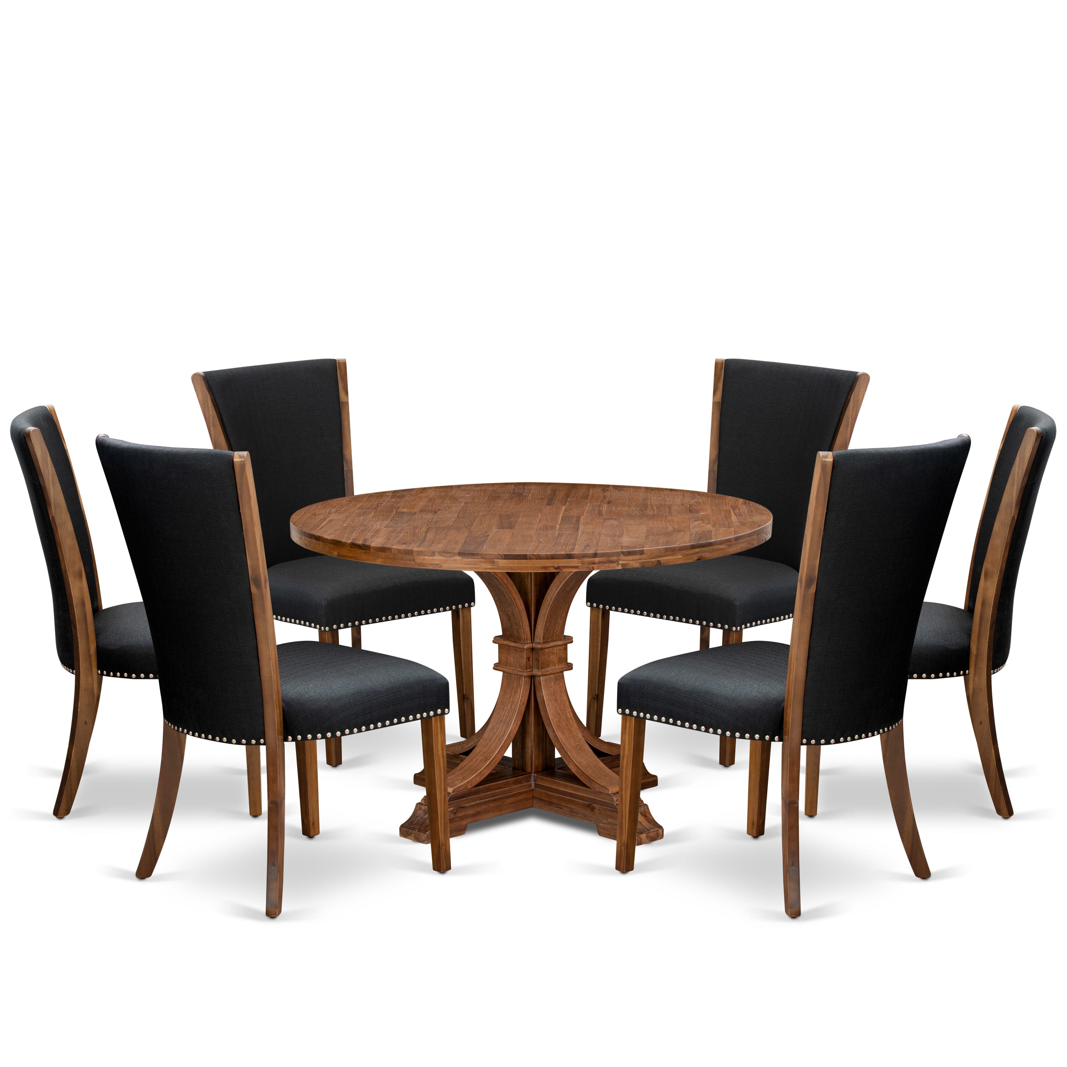 Luxe by East West Furniture I7VE7-40N-24 7 Piece Dining Set for 6 Consists of a 48" Round Table with Pedestal and 6 Black Linen Fabric Parson Chairs, Antique Walnut