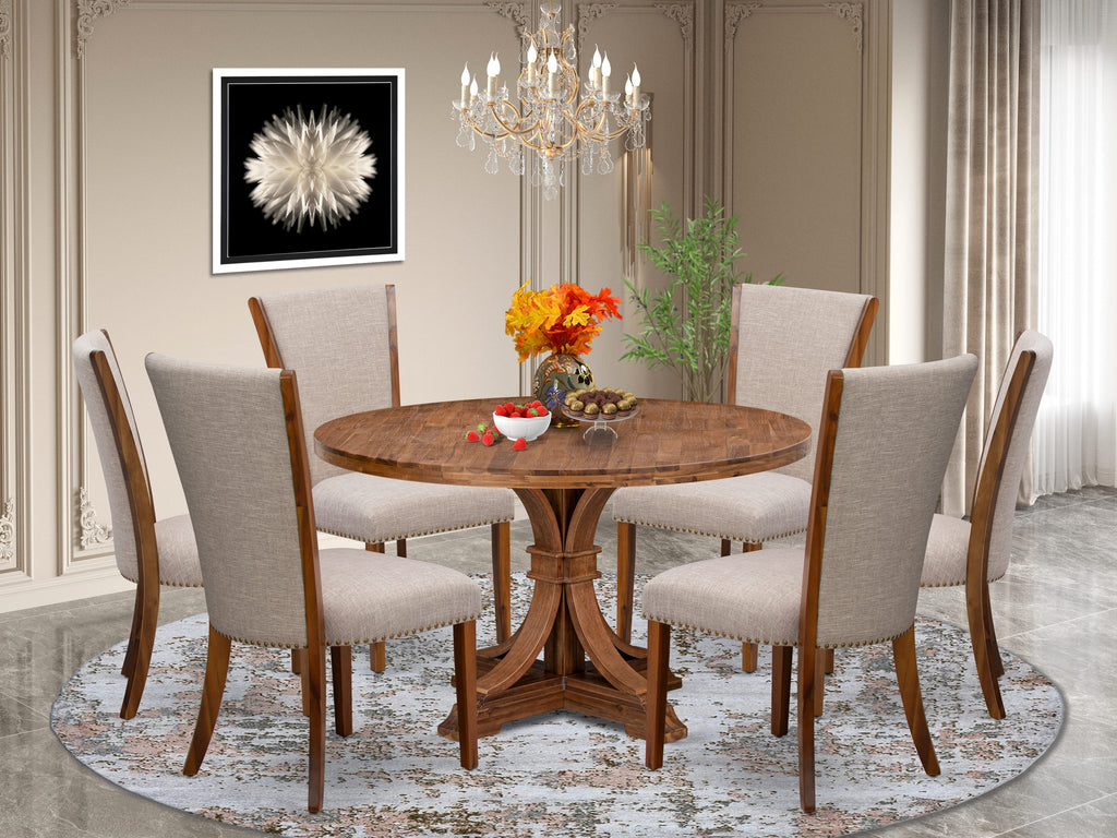 Luxe by East West Furniture I7VE7-50N-04 7 Piece Dining Set Consists of a 54" Round Kitchen Table with Pedestal and 6 Light Tan Linen Fabric Parson Chairs, Antique Walnut