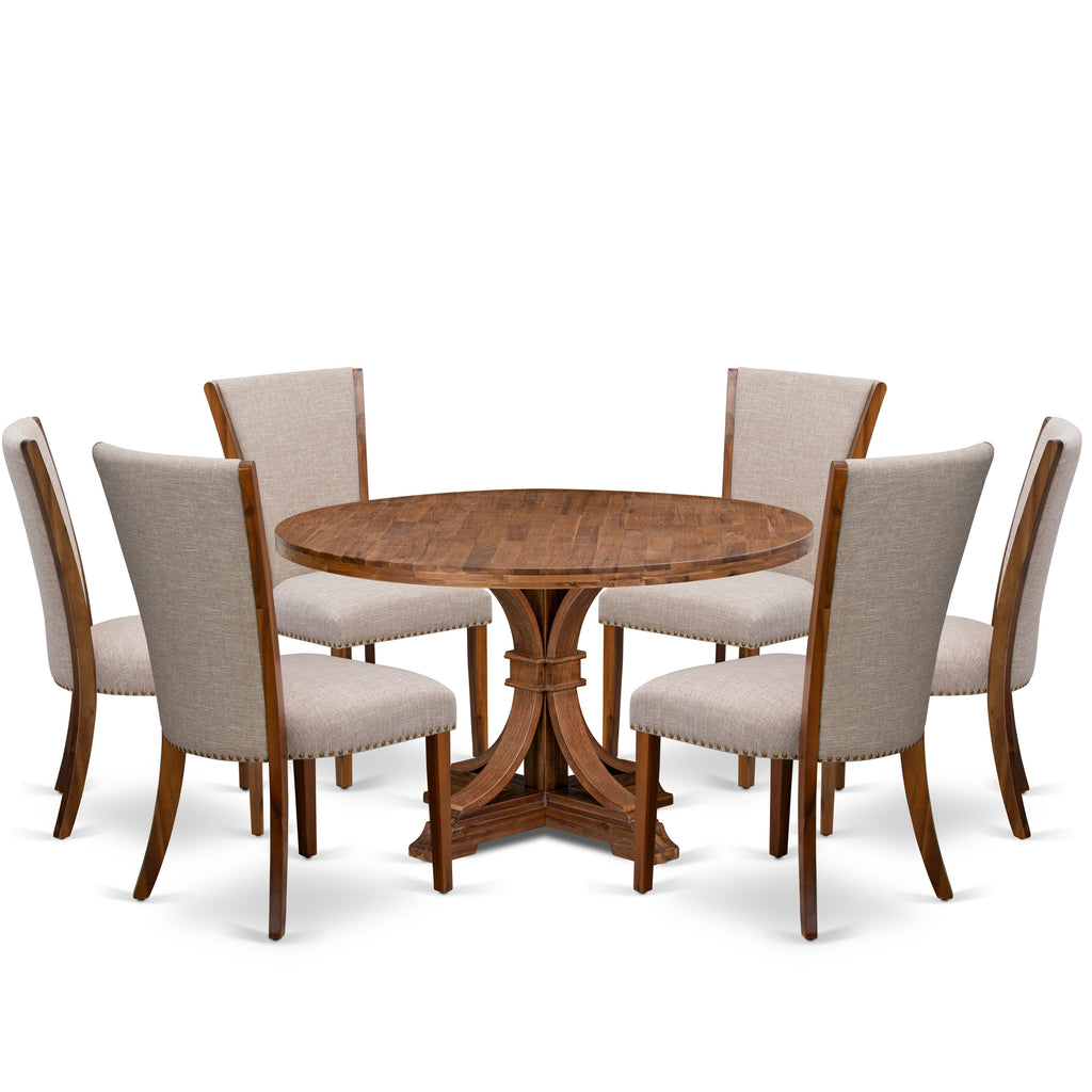 Luxe by East West Furniture I7VE7-50N-04 7 Piece Dining Set Consists of a 54" Round Kitchen Table with Pedestal and 6 Light Tan Linen Fabric Parson Chairs, Antique Walnut