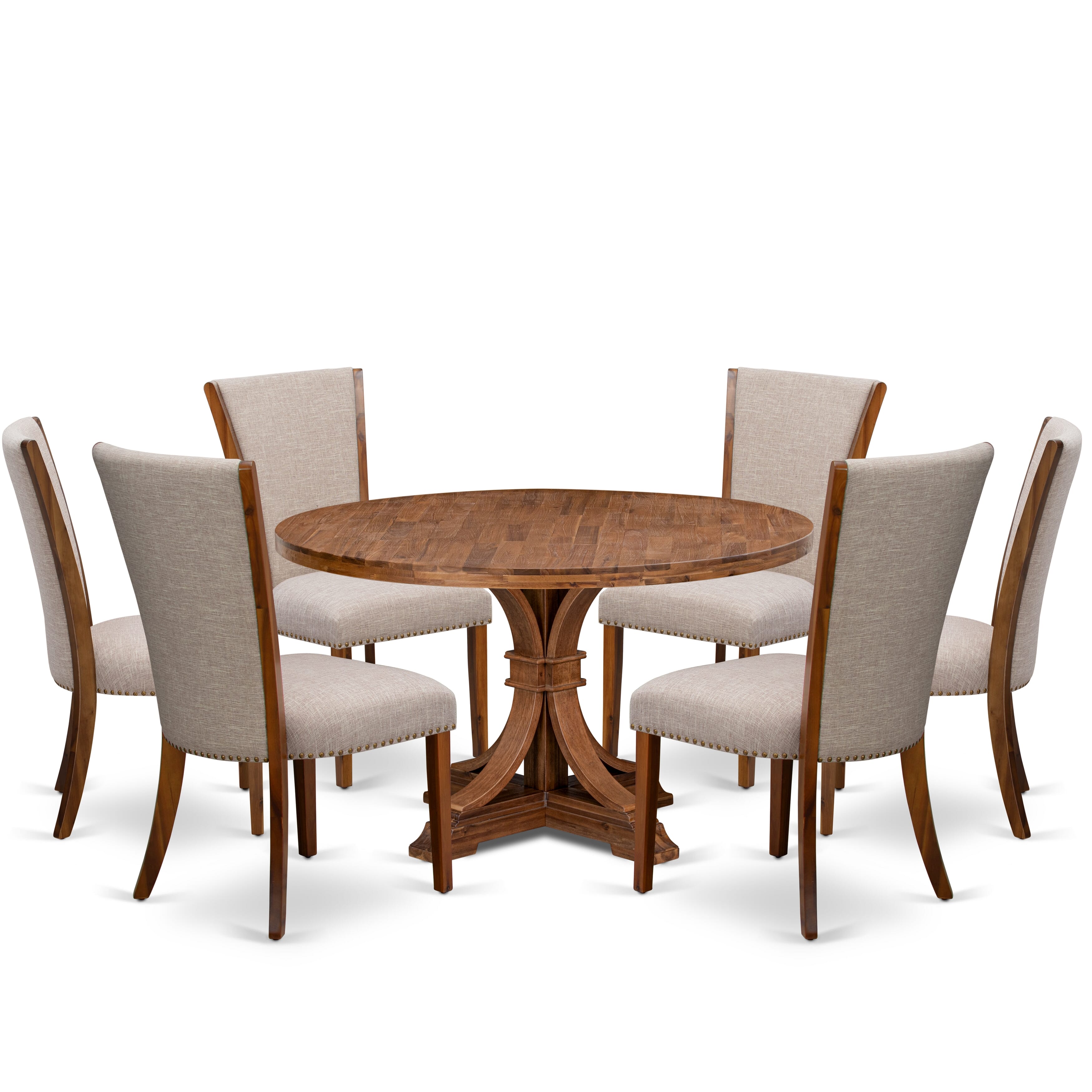 Luxe by East West Furniture I7VE7-50N-04 7 Piece Dining Set Consists of a 54" Round Kitchen Table with Pedestal and 6 Light Tan Linen Fabric Parson Chairs, Antique Walnut