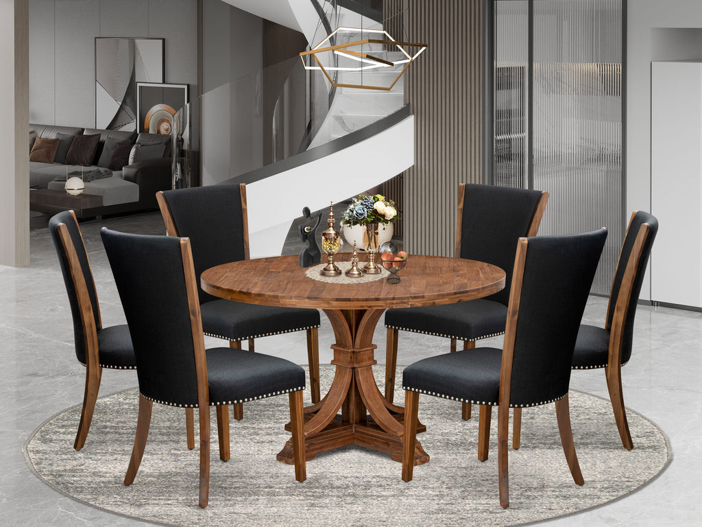 Luxe by East West Furniture I7VE7-50N-24 7 Piece Dining Table Set for 6 Includes a 54" Round Table with Pedestal and 6 Black Linen Fabric Parson Chairs, Antique Walnut