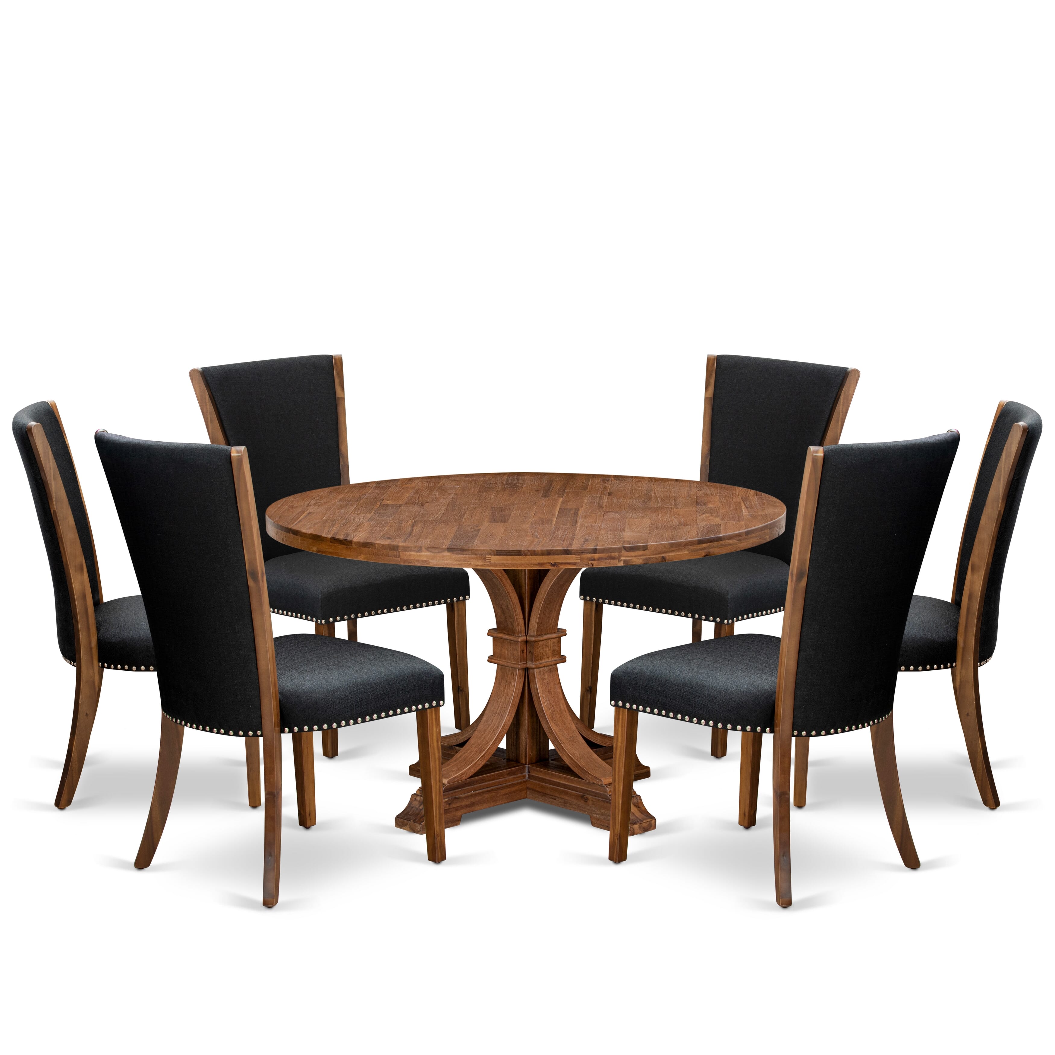 Luxe by East West Furniture I7VE7-50N-24 7 Piece Dining Table Set for 6 Includes a 54" Round Table with Pedestal and 6 Black Linen Fabric Parson Chairs, Antique Walnut