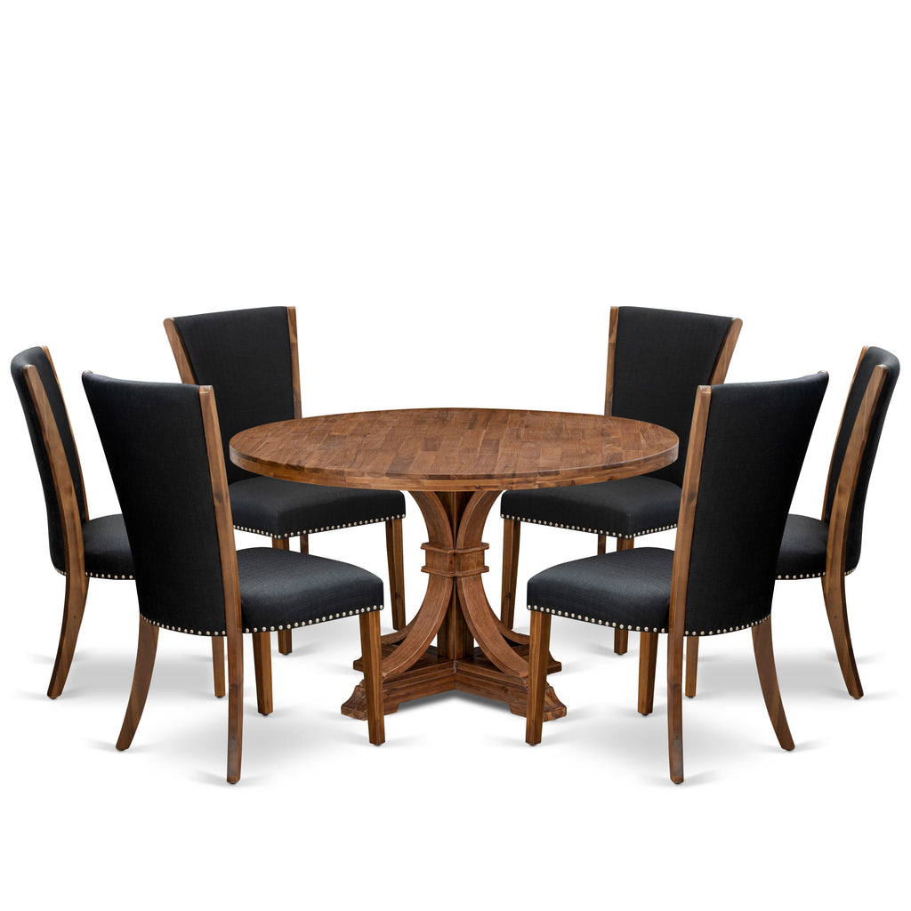 Luxe by East West Furniture I7VE7-50N-24 7 Piece Dining Table Set for 6 Includes a 54" Round Table with Pedestal and 6 Black Linen Fabric Parson Chairs, Antique Walnut