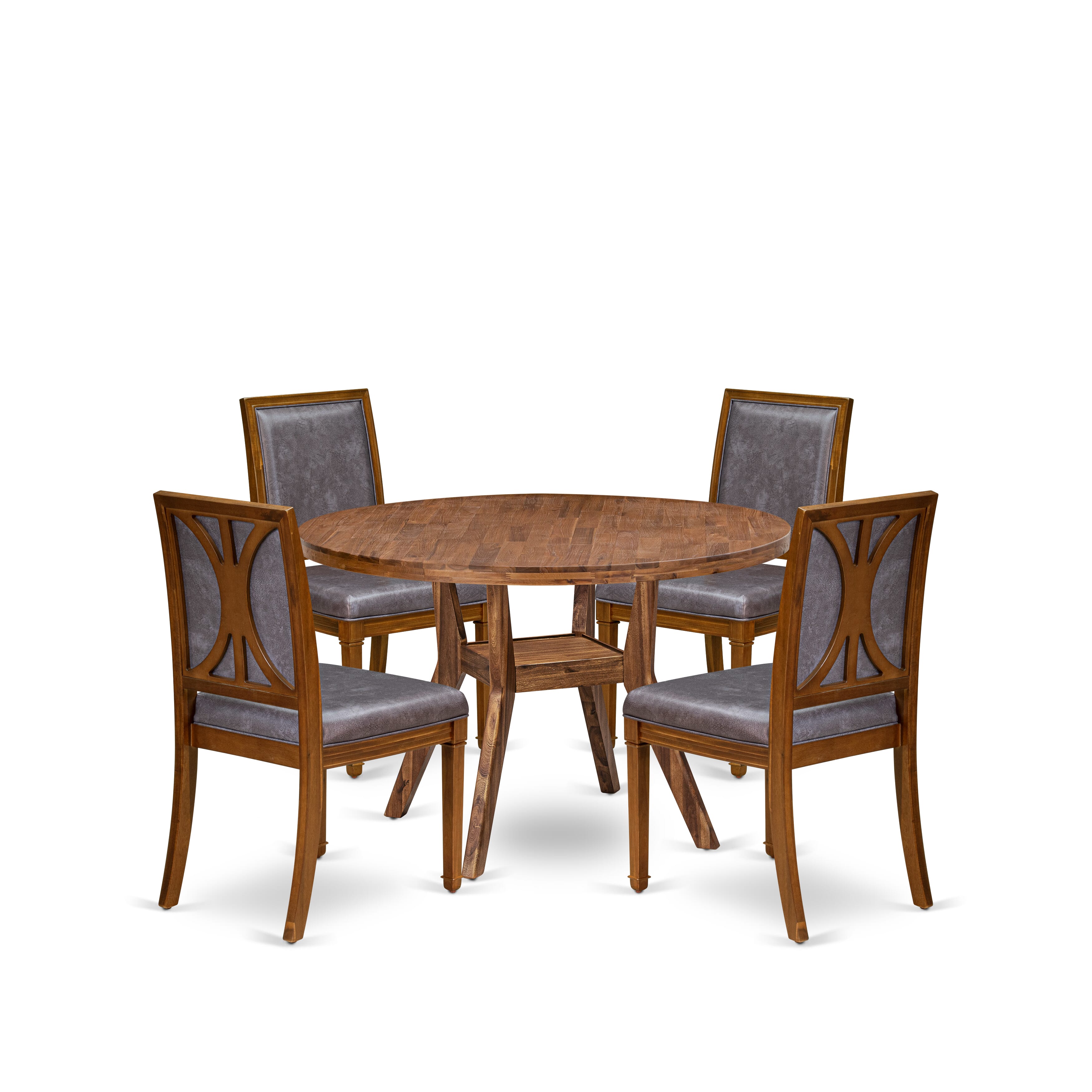 Luxe by East West Furniture I8AM5-40N-34 5-Piece Dining Table Set Consists of a round table top with a stylish pedestal and 4 Pu leather Dark Gray Upholstered chairs with high backs - Antique Walnut