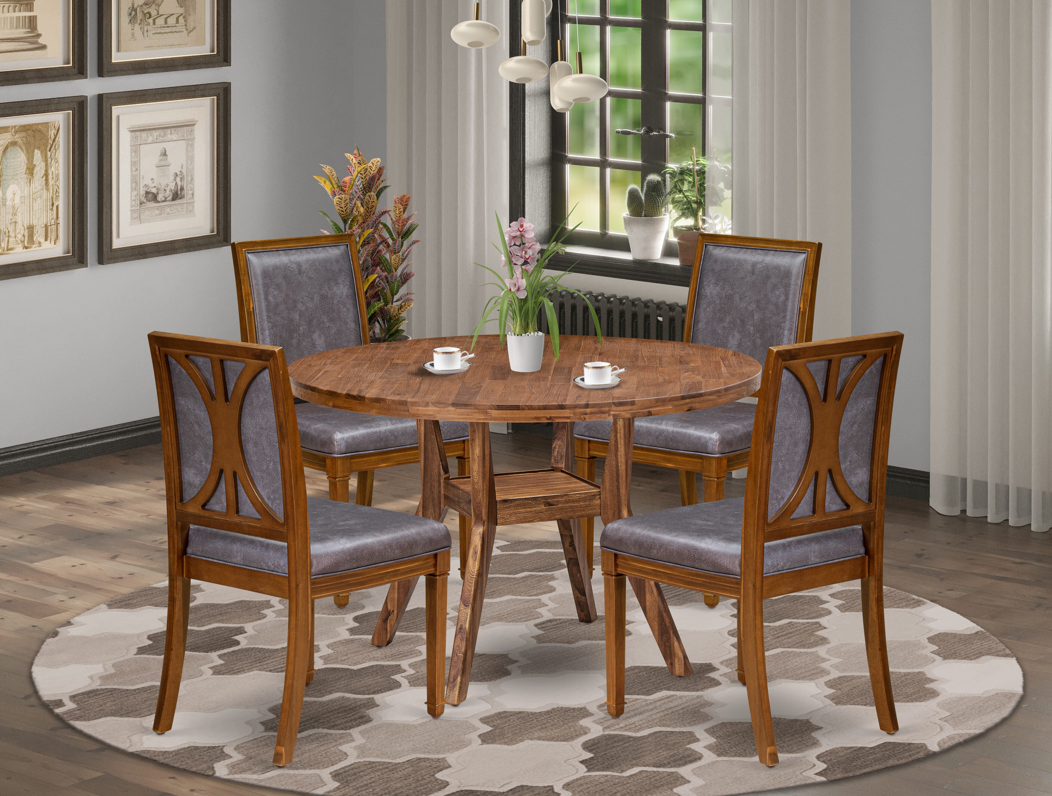 Luxe by East West Furniture I8AM5-40N-34 5-Piece Dining Table Set Consists of a round table top with a stylish pedestal and 4 Pu leather Dark Gray Upholstered chairs with high backs - Antique Walnut
