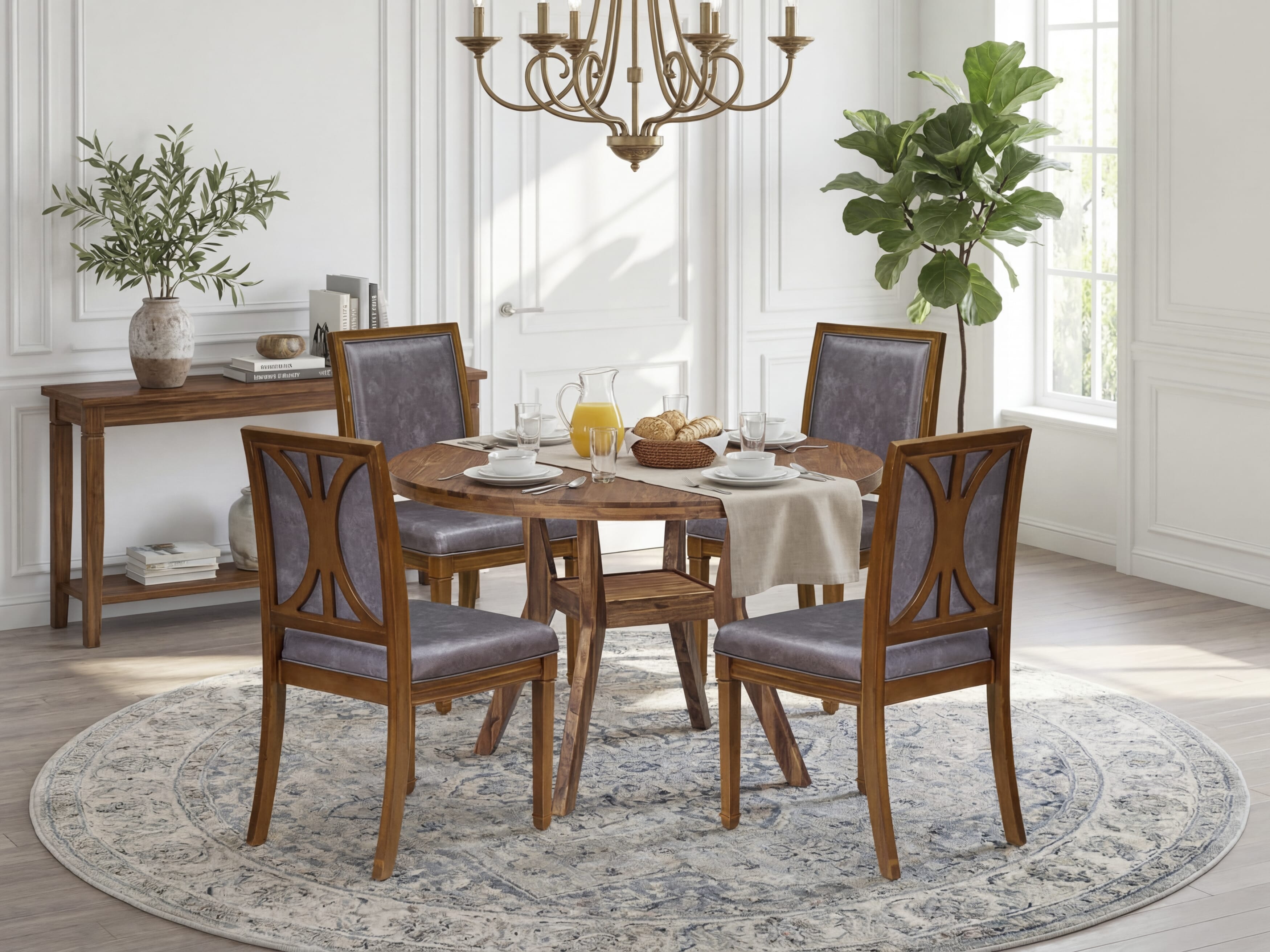 Luxe by East West Furniture I8AM5-40N-34 5-Piece Dining Table Set Consists of a round table top with a stylish pedestal and 4 Pu leather Dark Gray Upholstered chairs with high backs - Antique Walnut