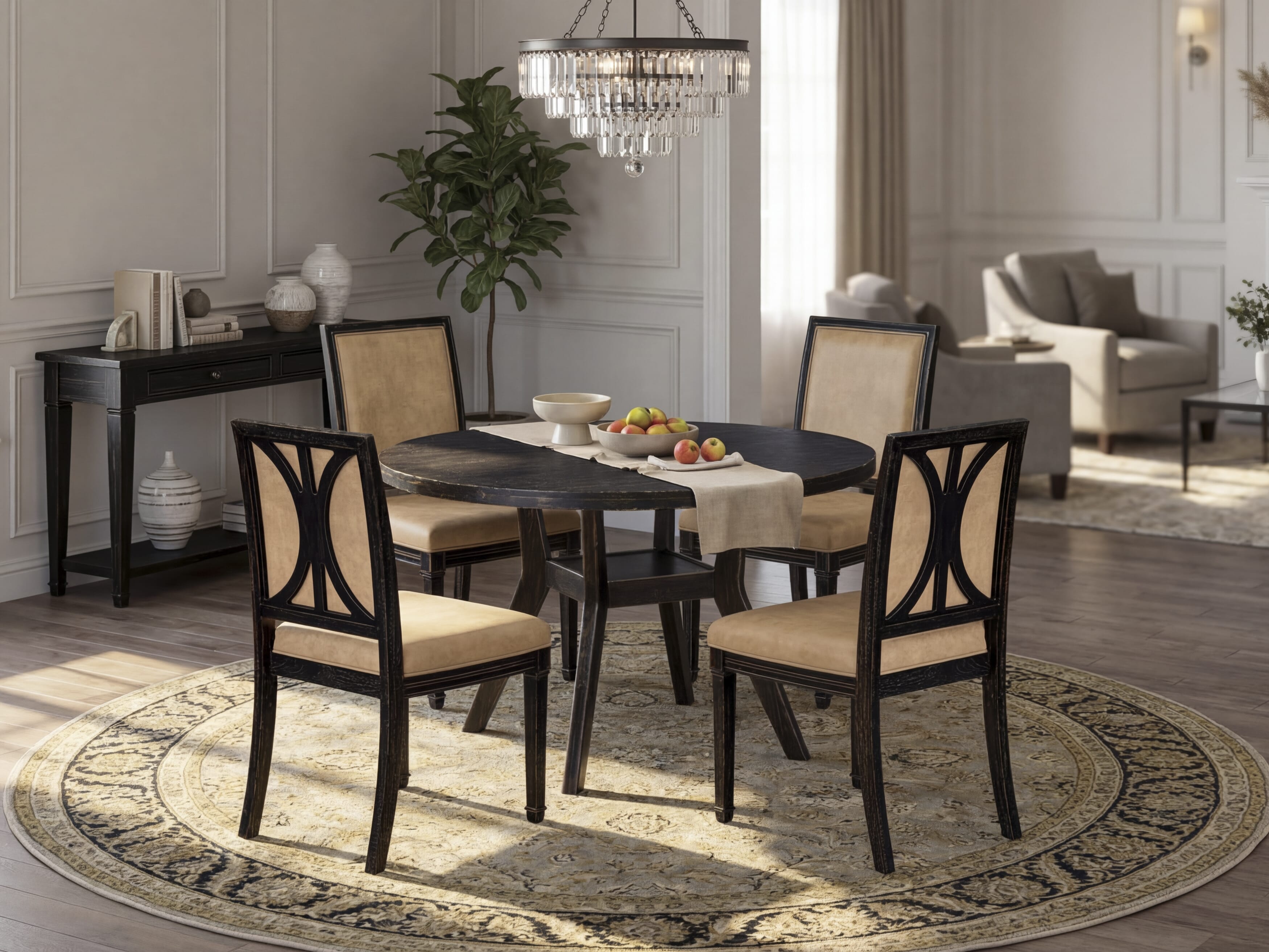 Luxe by East West Furniture I8AM5-411-28 5-Piece Modern Dining Set with Polyester 4 Beige dining chairs, High Back, and A Kitchen Table in Sand Blasting Black Finish.