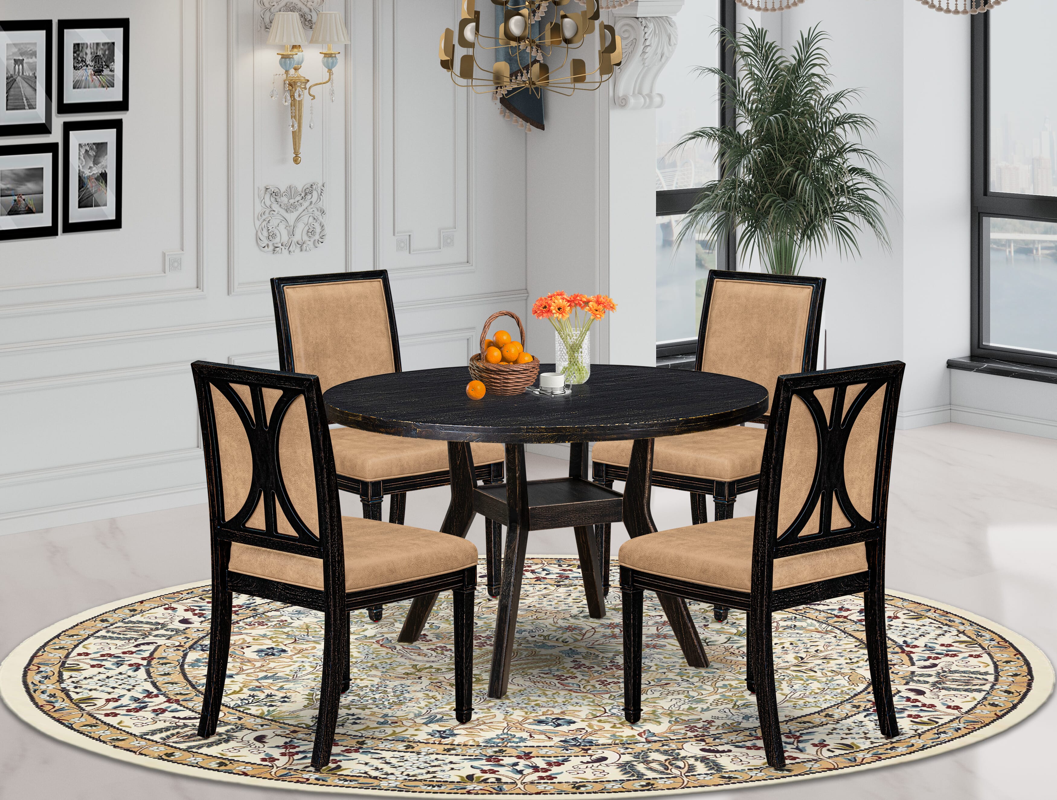 Luxe by East West Furniture I8AM5-411-28 5-Piece Modern Dining Set with Polyester 4 Beige dining chairs, High Back, and A Kitchen Table in Sand Blasting Black Finish.