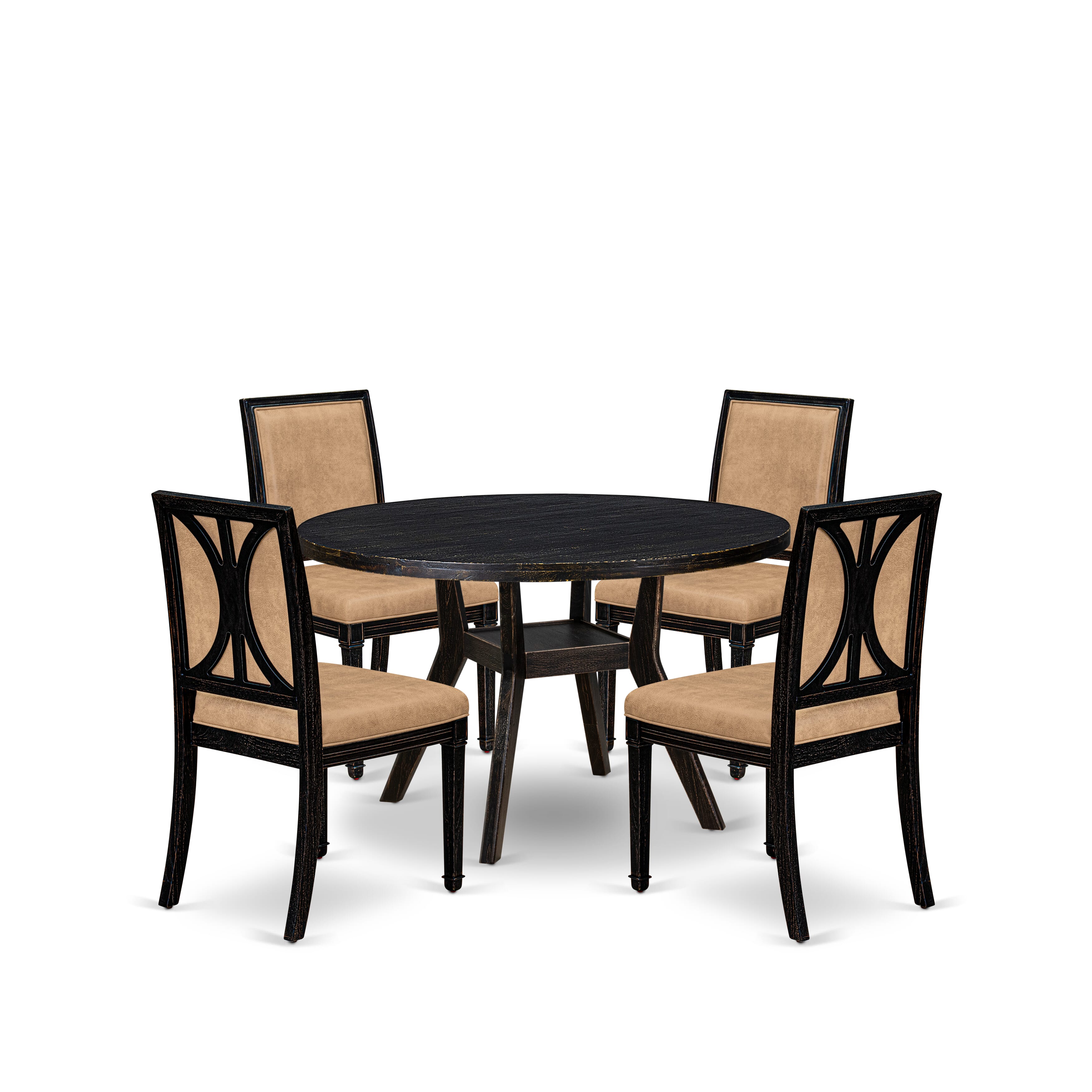 Luxe by East West Furniture I8AM5-411-28 5-Piece Modern Dining Set with Polyester 4 Beige dining chairs, High Back, and A Kitchen Table in Sand Blasting Black Finish.