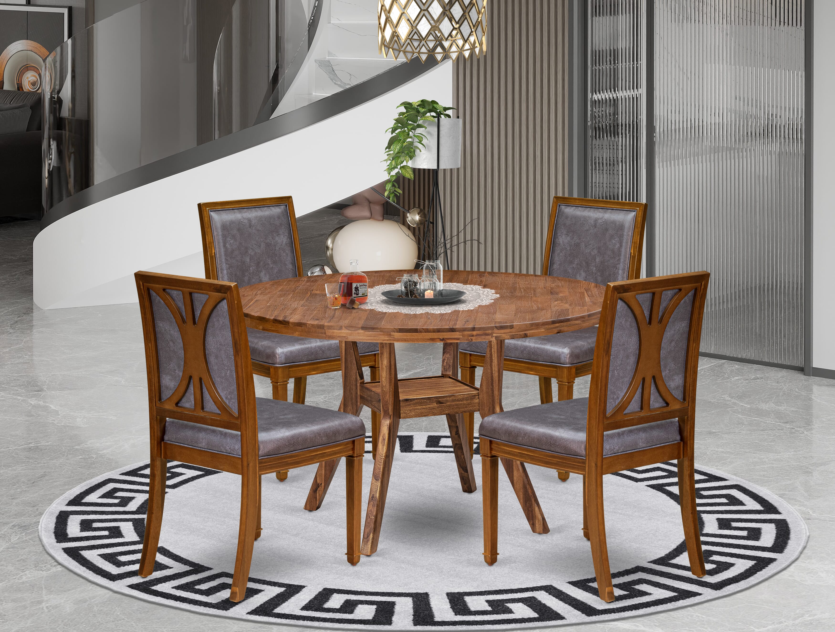 Luxe by East West Furniture I8AM5-50N-34 5-Piece Kitchen Set with Polyester 4 Dark Grey Upholstered chairs, High Back, and A Breakfast Table in Antique Walnut Finish.