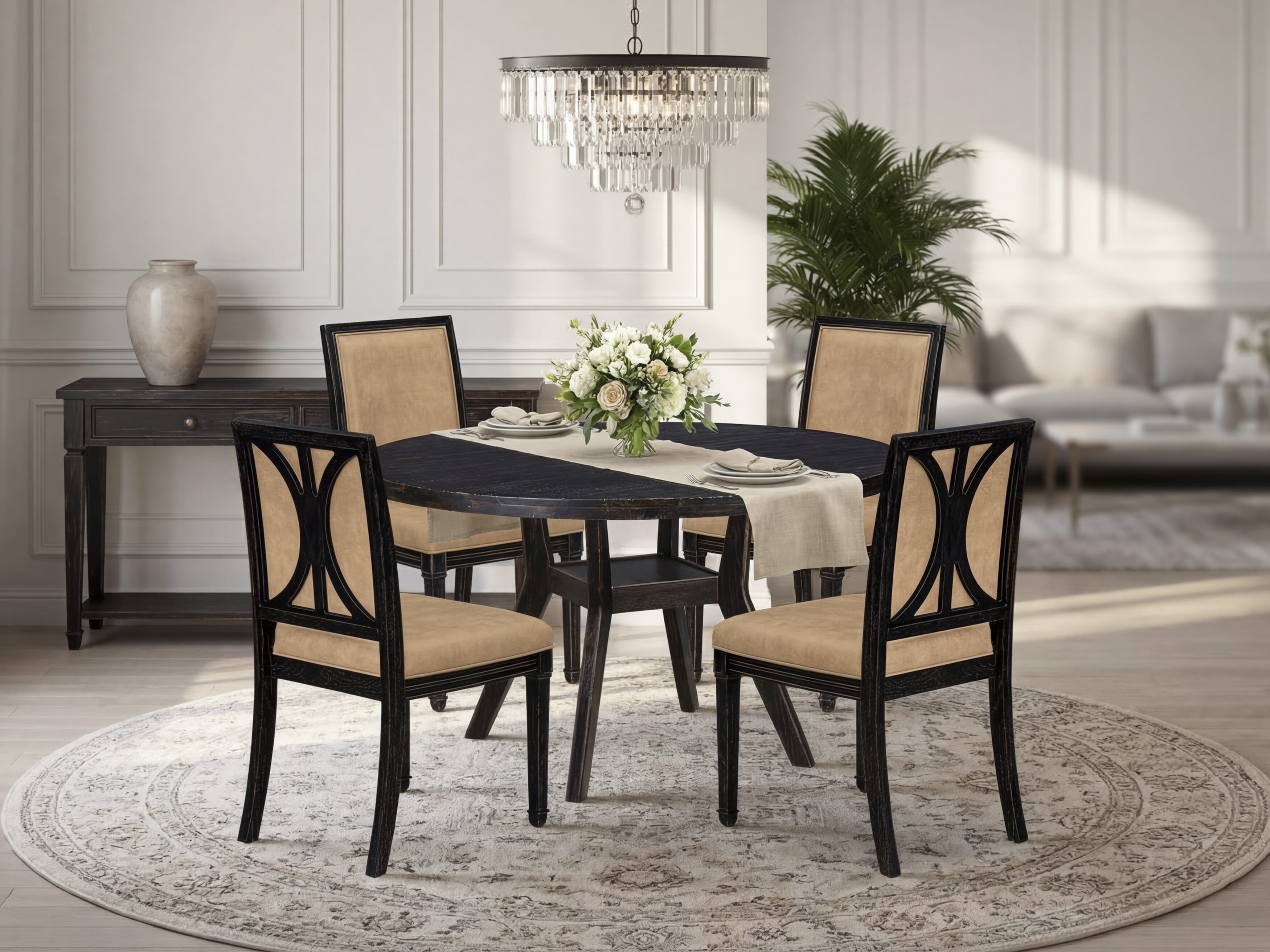 Luxe by East West Furniture I8AM5-511-28 5-Piece Mid-century Kitchen Set with Polyester 4 Beige Parson chairs, High Back, and A Wooden Table in Sand Blasting Black Finish.