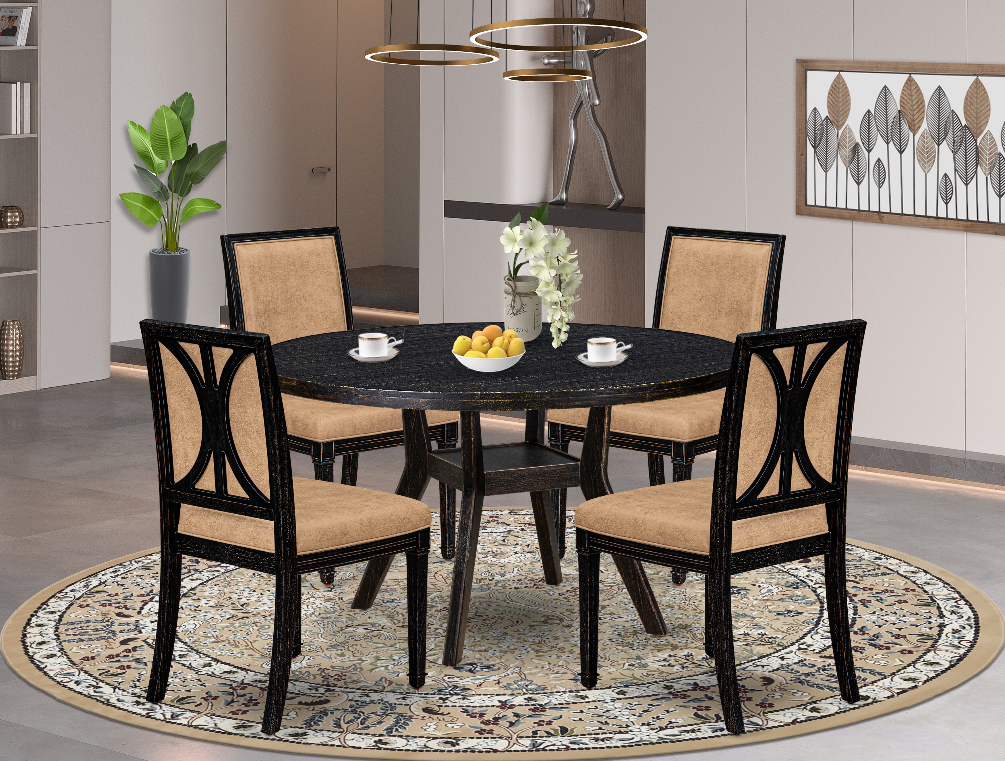 Luxe by East West Furniture I8AM5-511-28 5-Piece Mid-century Kitchen Set with Polyester 4 Beige Parson chairs, High Back, and A Wooden Table in Sand Blasting Black Finish.