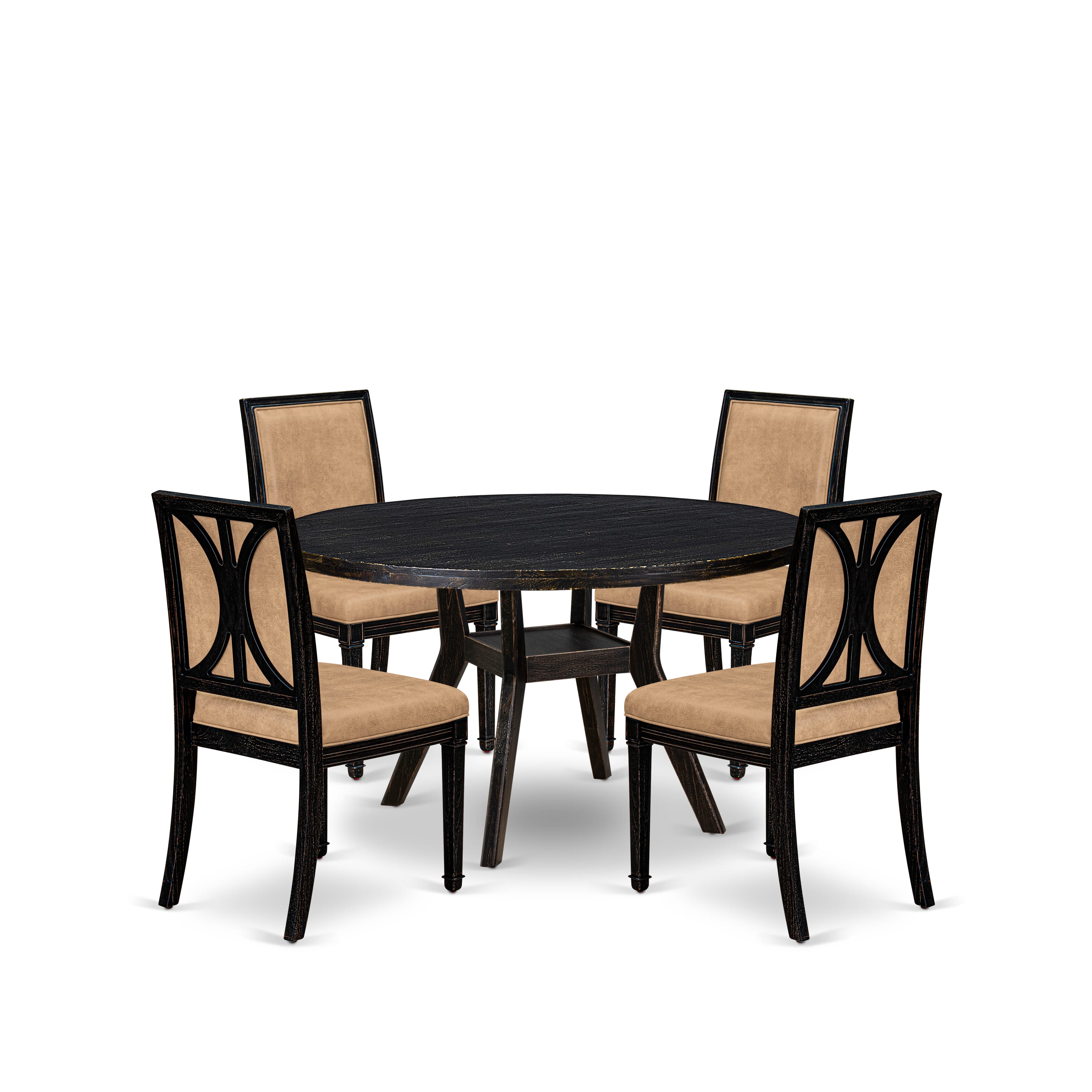 Luxe by East West Furniture I8AM5-511-28 5-Piece Mid-century Kitchen Set with Polyester 4 Beige Parson chairs, High Back, and A Wooden Table in Sand Blasting Black Finish.