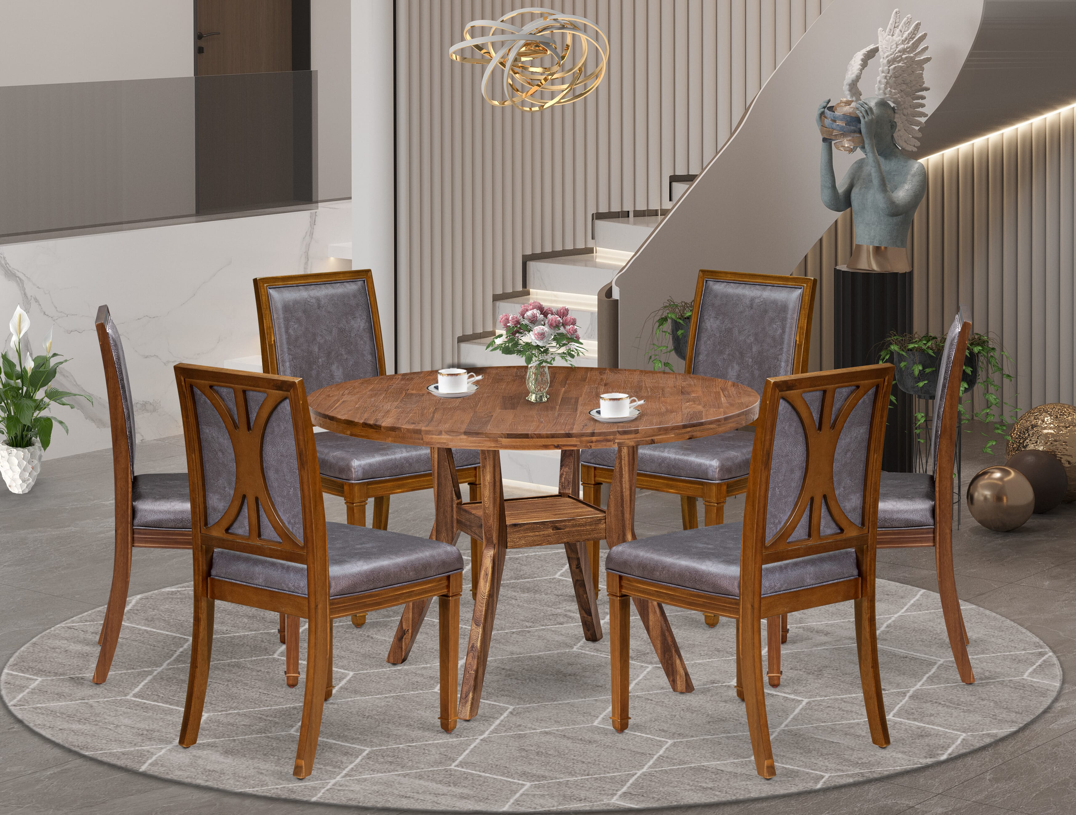 Luxe by East West Furniture - I8AM7-40N-34 7-Piece Mid-century dining set Contains a Round modern dining table and 6 Dark Grey Faux Leather Chairs with stylish Back, Antique Walnut Finish.