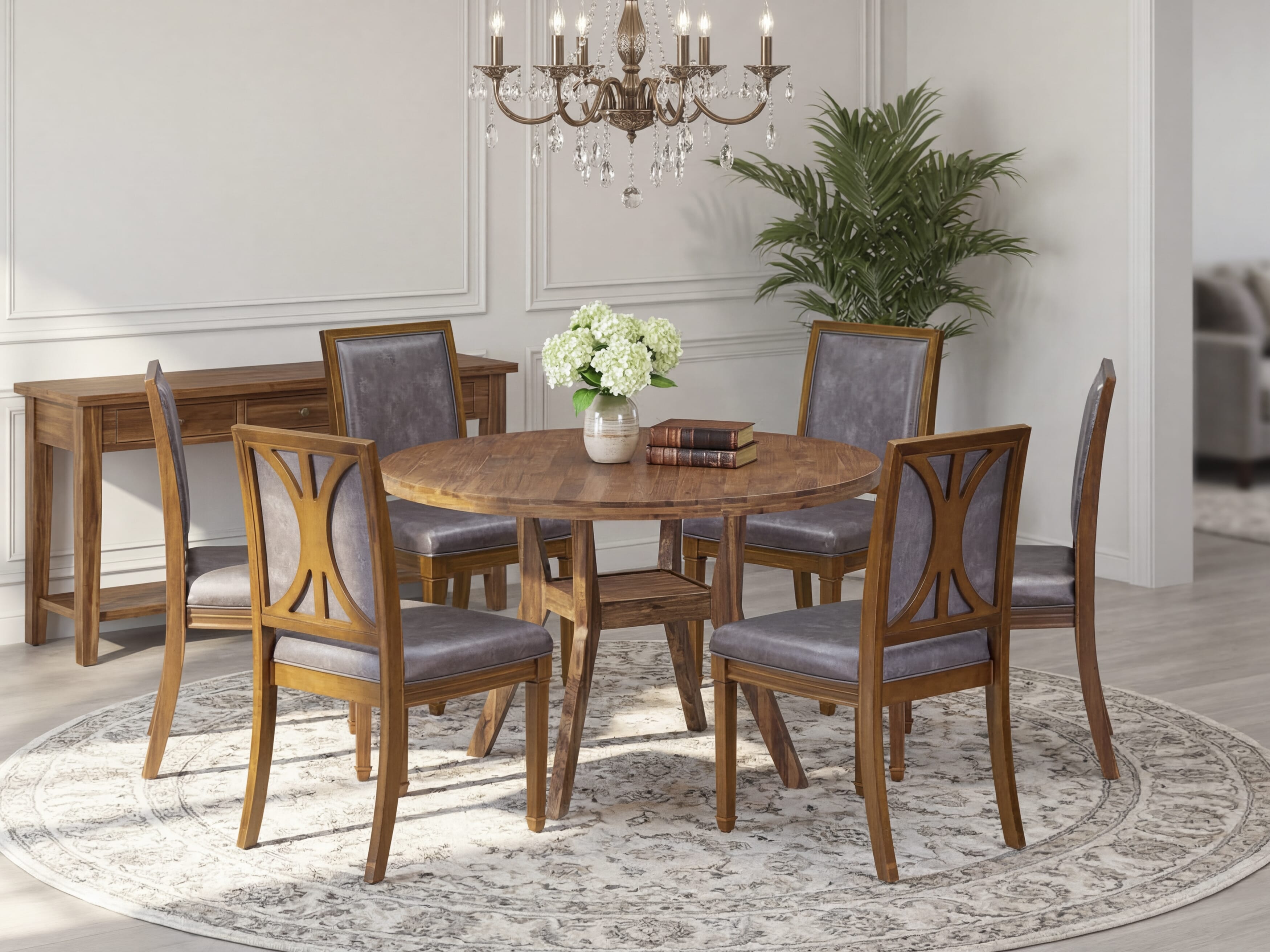 Luxe by East West Furniture - I8AM7-40N-34 7-Piece Mid-century dining set Contains a Round modern dining table and 6 Dark Grey Faux Leather Chairs with stylish Back, Antique Walnut Finish.