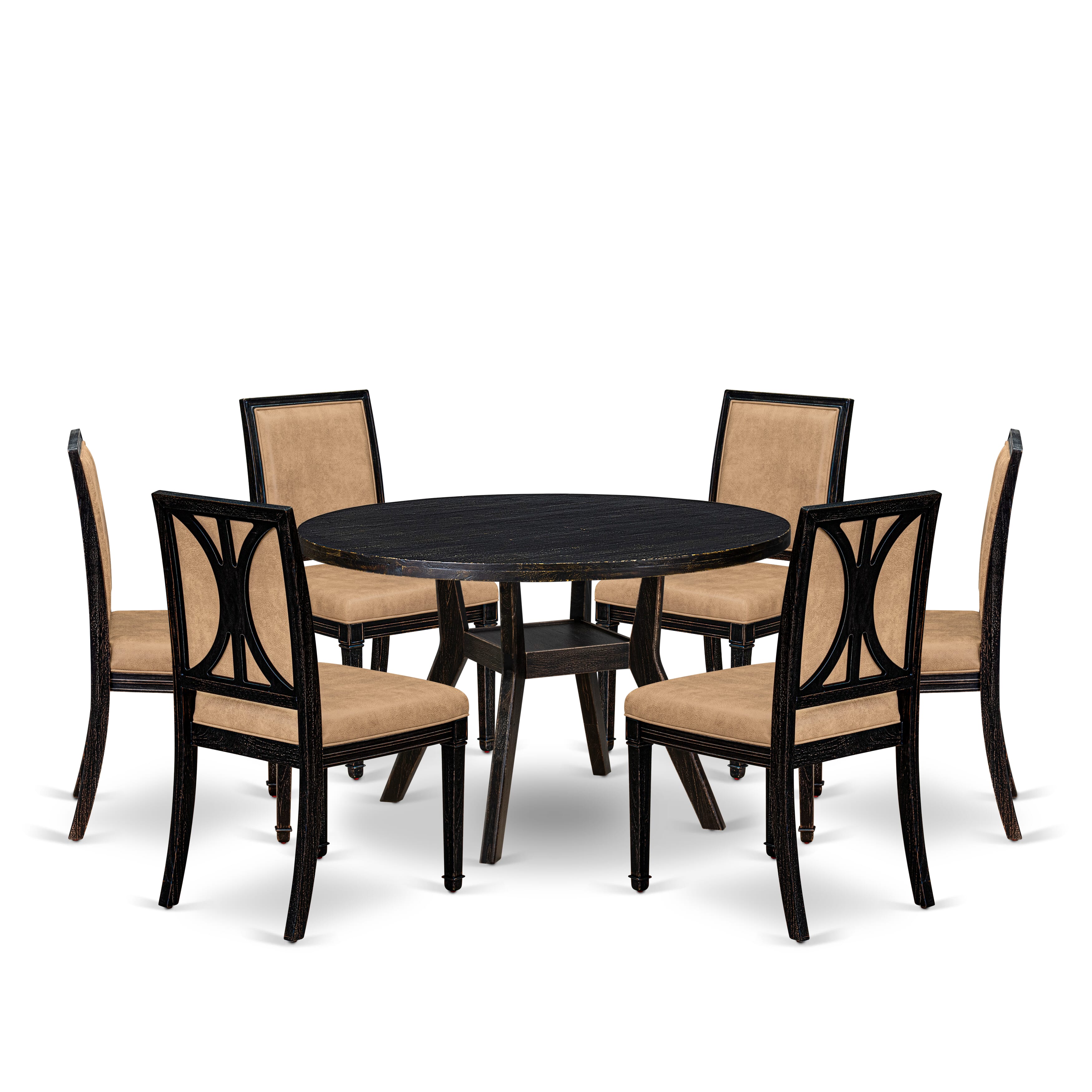 Luxe by East West Furniture I8AM7-411-28 7-piece Dining Room Set with Polyester 6 Beige dining room chairs, High Back, and A Round Table in Sand Blasting Black Finish.