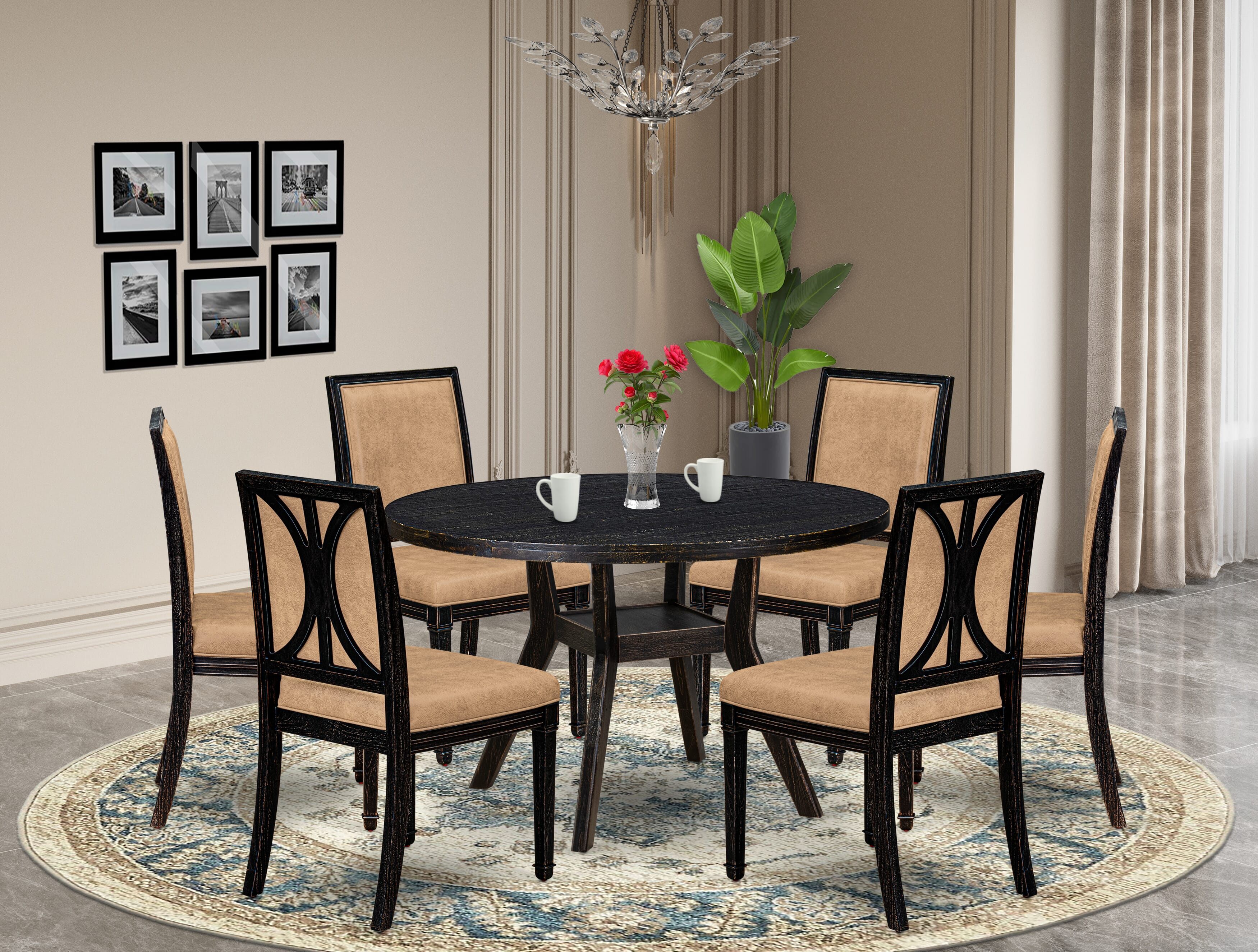 Luxe by East West Furniture I8AM7-411-28 7-piece Dining Room Set with Polyester 6 Beige dining room chairs, High Back, and A Round Table in Sand Blasting Black Finish.