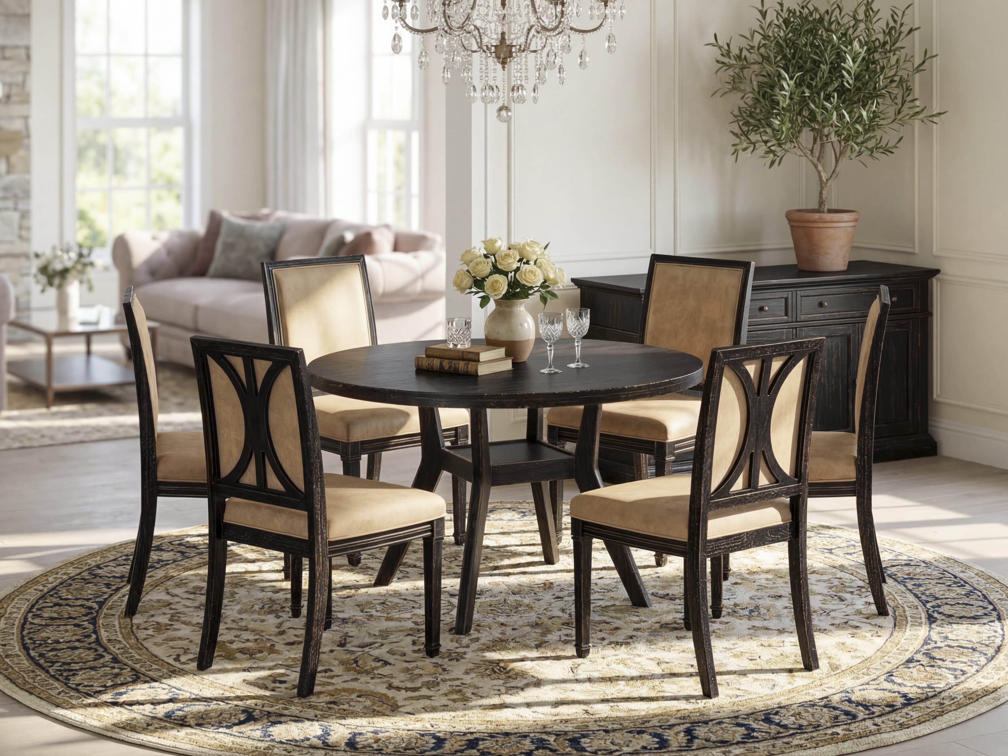 Luxe by East West Furniture I8AM7-411-28 7-piece Dining Room Set with Polyester 6 Beige dining room chairs, High Back, and A Round Table in Sand Blasting Black Finish.