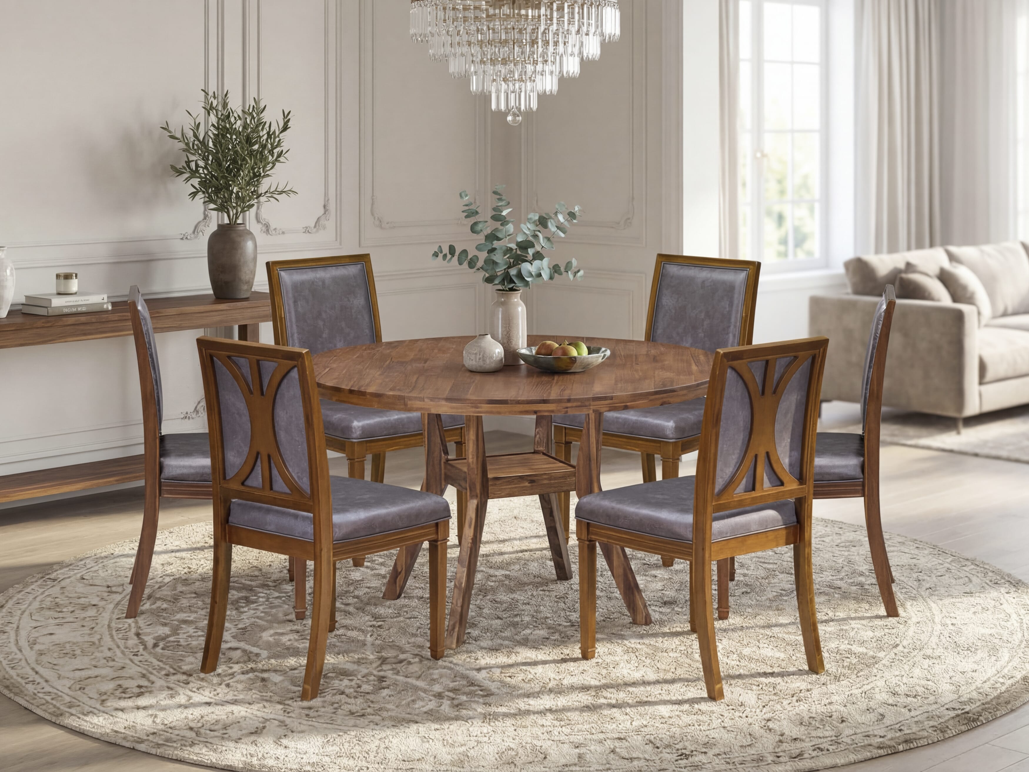 Luxe by East West Furniture I8AM7-50N-34 7-Piece Kitchen Table Set with Polyester 6 Dark Grey Padded chairs, High Back, and A Dining Table in Antique Walnut Finish.