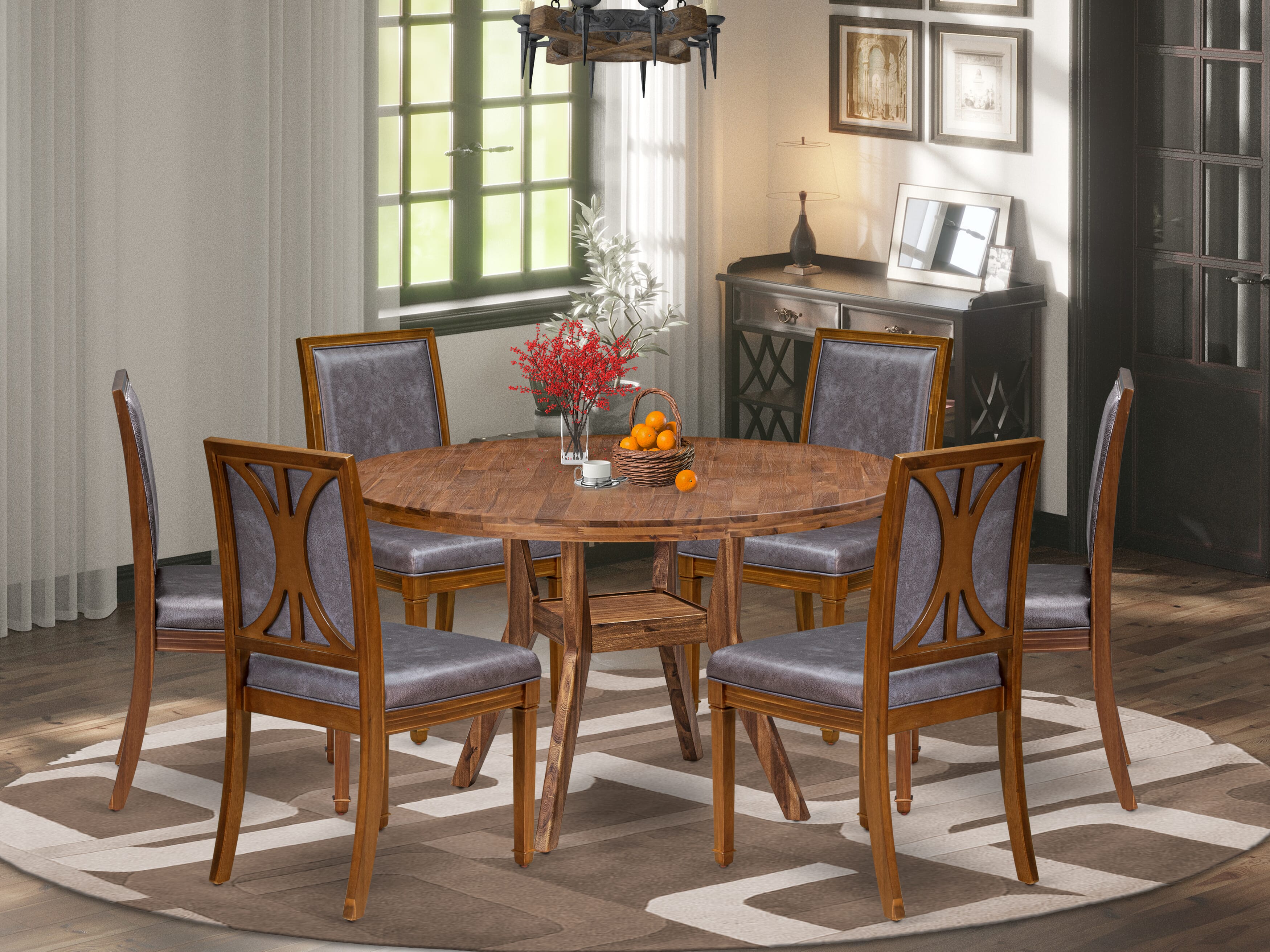 Luxe by East West Furniture I8AM7-50N-34 7-Piece Kitchen Table Set with Polyester 6 Dark Grey Padded chairs, High Back, and A Dining Table in Antique Walnut Finish.