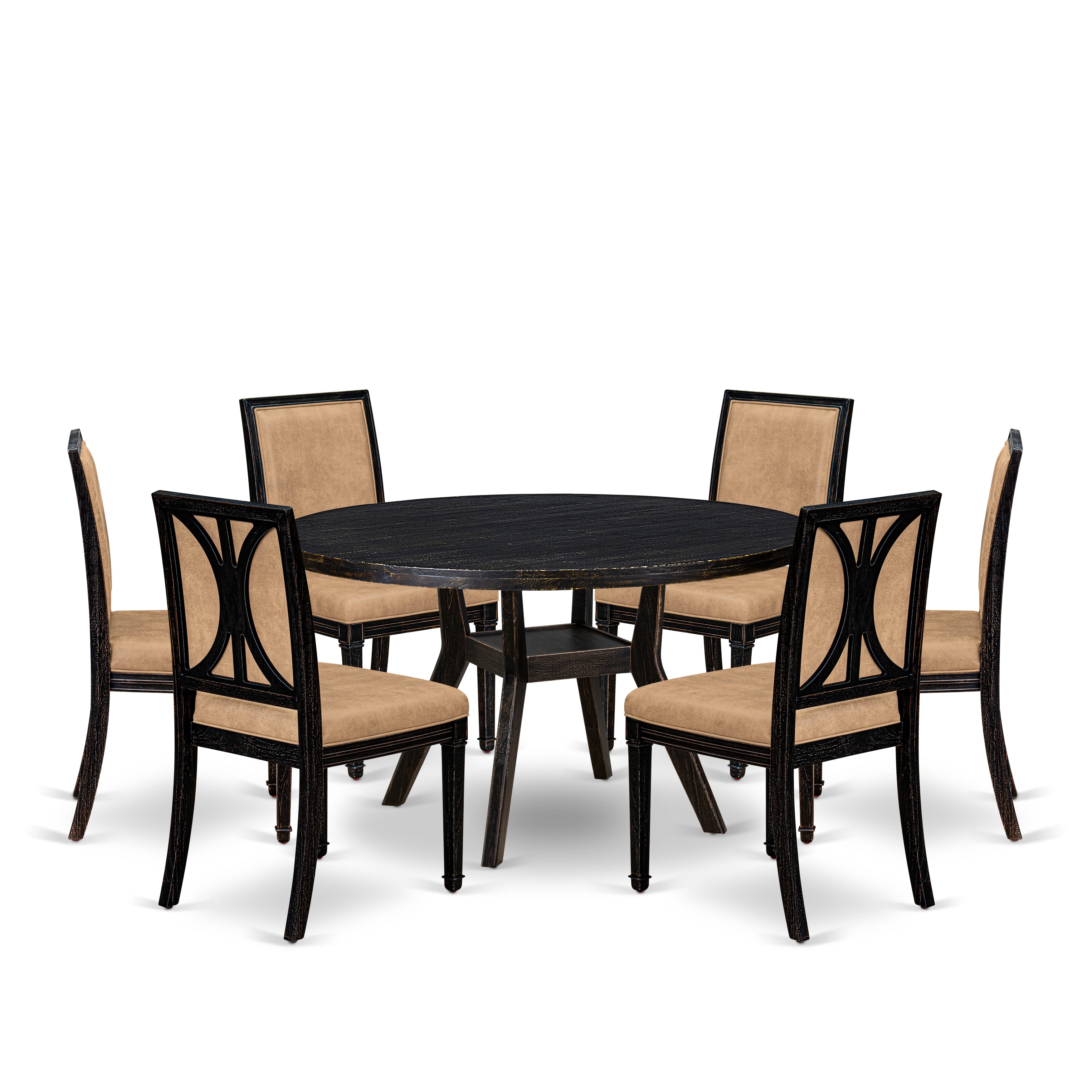 Luxe by East West Furniture I8AM7-511-28 7-Piece Dining Set with Polyester 6 Beige dining chairs, High Back, and A Dinner Table in Sand Blasting Black Finish.