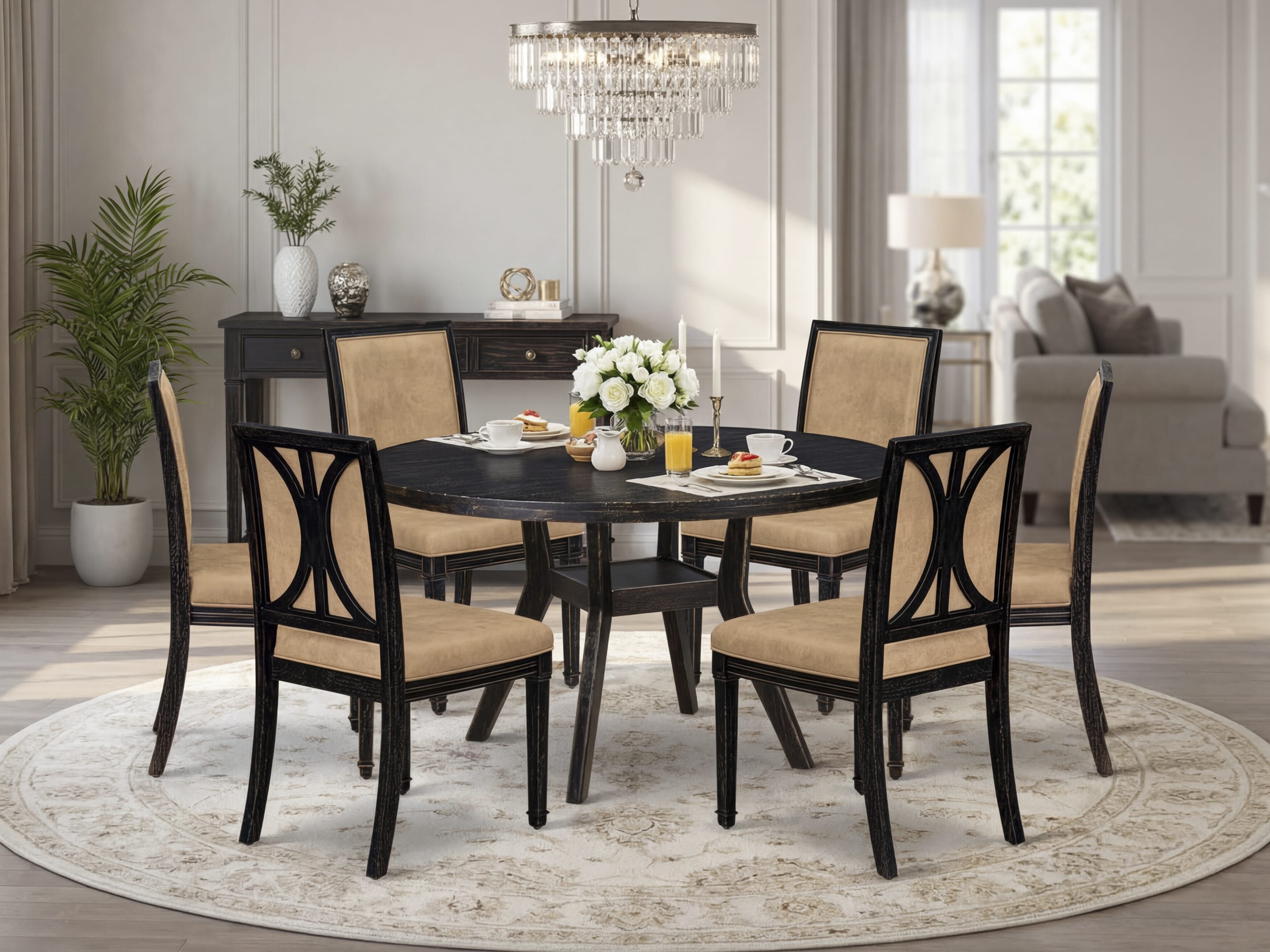 Luxe by East West Furniture I8AM7-511-28 7-Piece Dining Set with Polyester 6 Beige dining chairs, High Back, and A Dinner Table in Sand Blasting Black Finish.