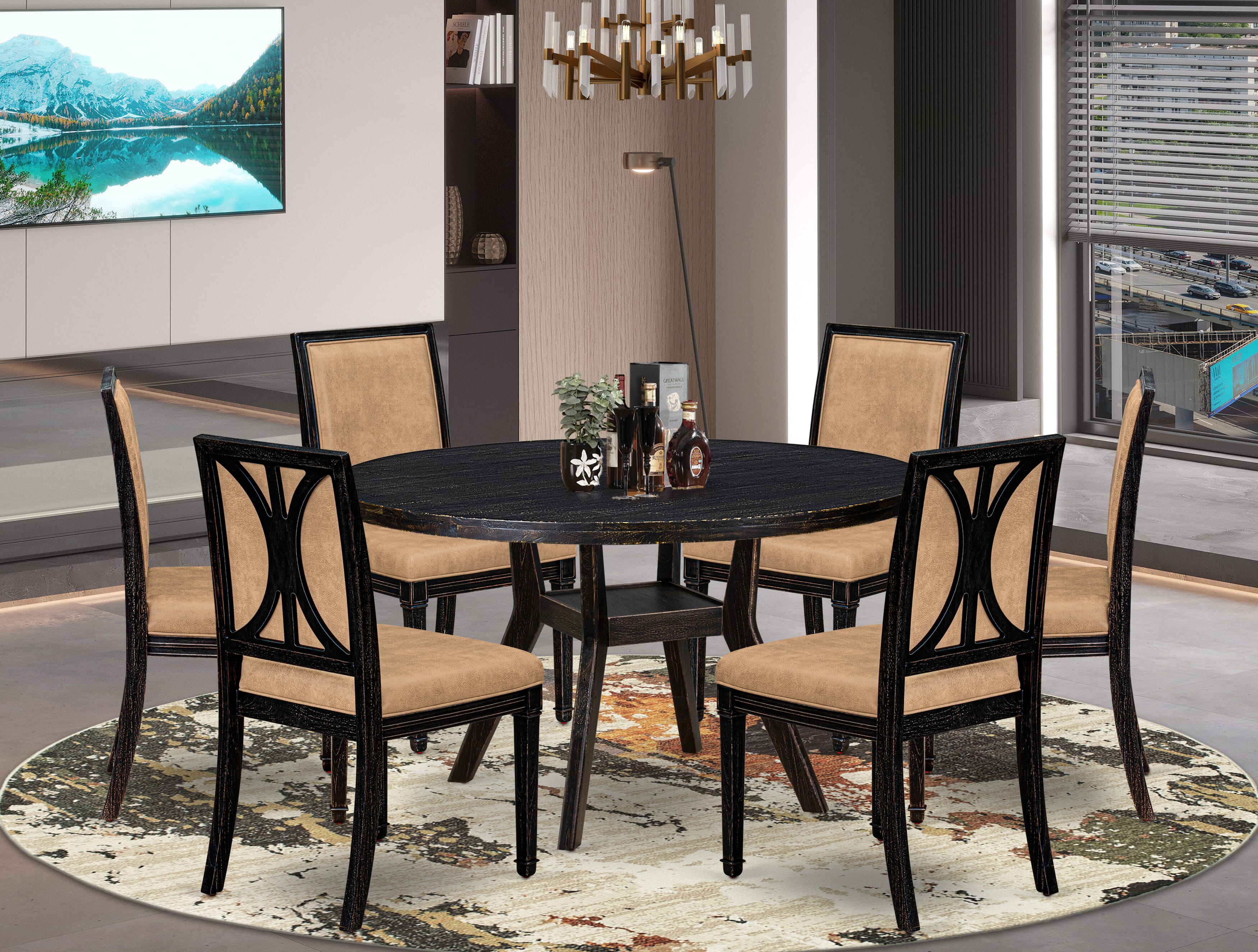 Luxe by East West Furniture I8AM7-511-28 7-Piece Dining Set with Polyester 6 Beige dining chairs, High Back, and A Dinner Table in Sand Blasting Black Finish.