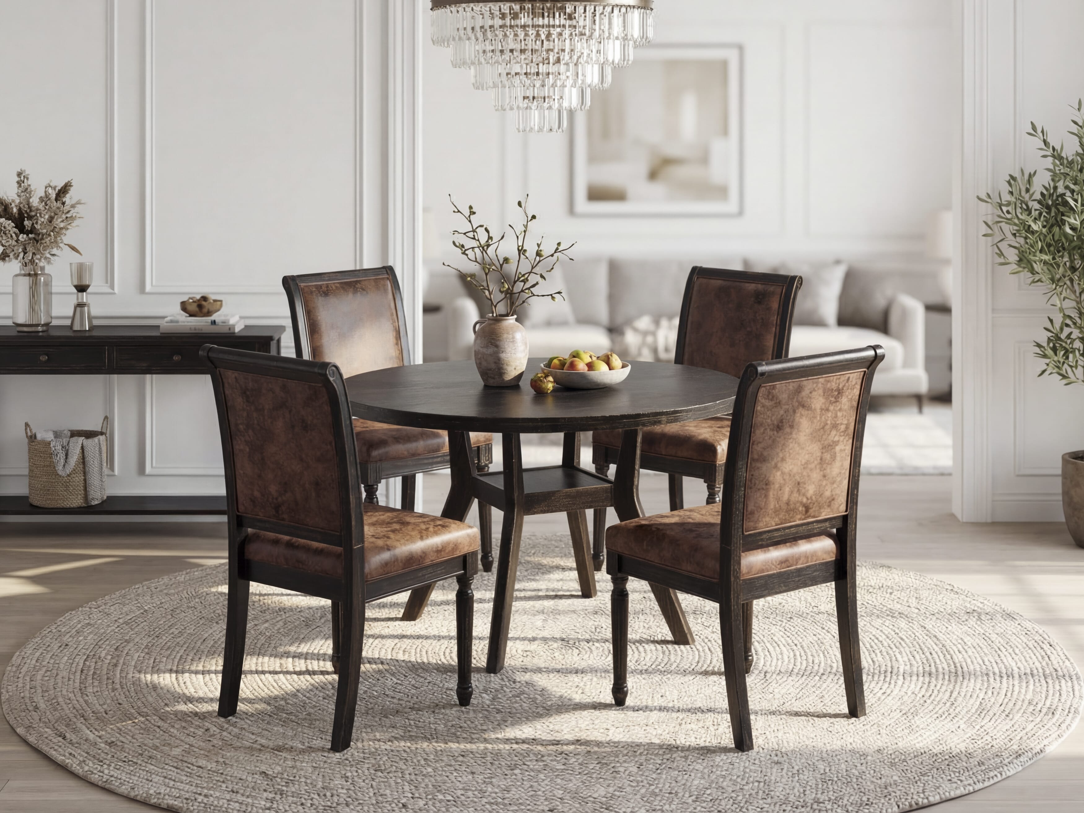 Luxe by East West Furniture I8CY5-411-33 5-Piece Mid-century Kitchen Set with Polyester 4 Brown Textured kitchen chairs, High Back, and A Kitchen Table in Sand Blasting Black Finish.