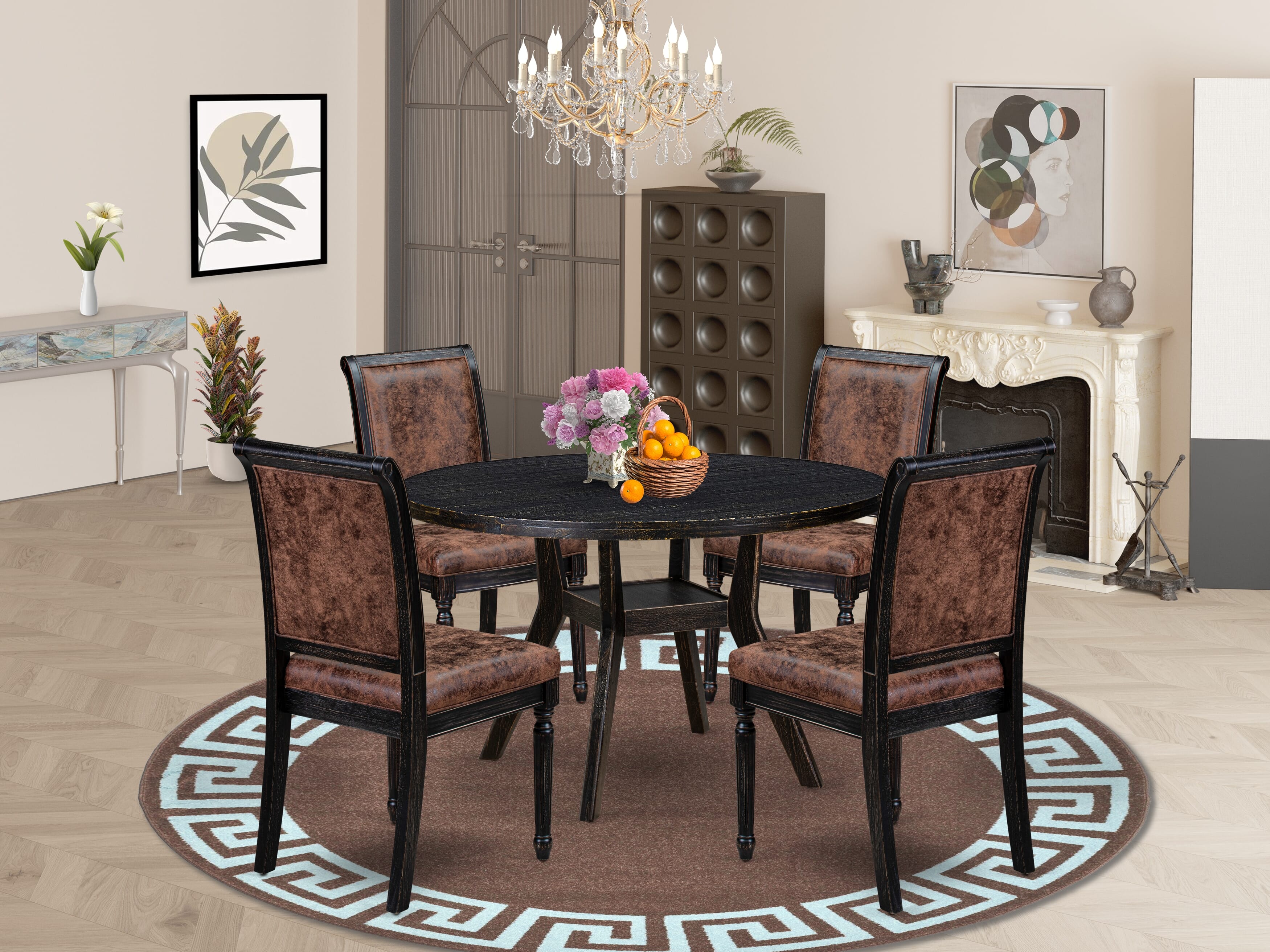 Luxe by East West Furniture I8CY5-411-33 5-Piece Mid-century Kitchen Set with Polyester 4 Brown Textured kitchen chairs, High Back, and A Kitchen Table in Sand Blasting Black Finish.
