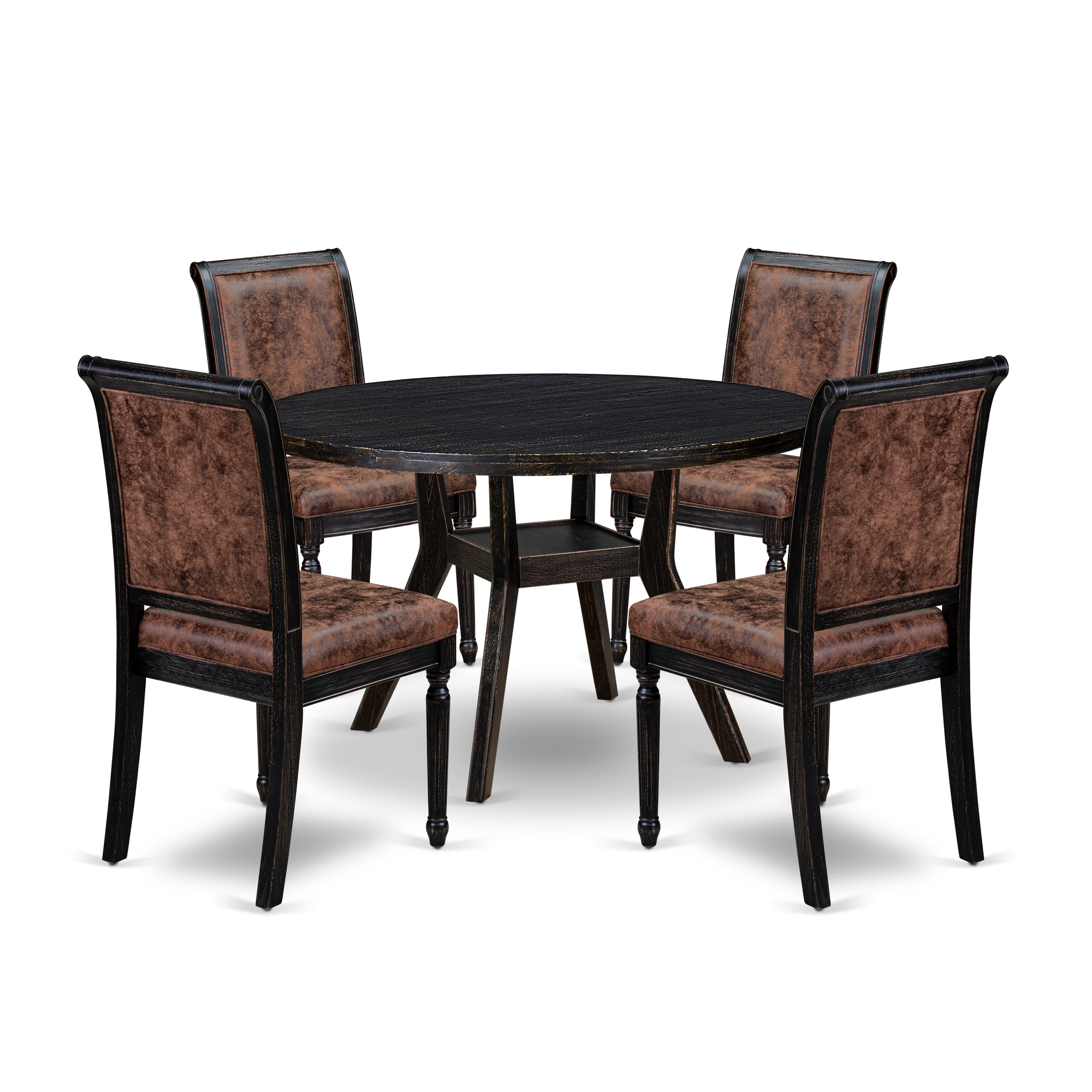 Luxe by East West Furniture I8CY5-411-33 5-Piece Mid-century Kitchen Set with Polyester 4 Brown Textured kitchen chairs, High Back, and A Kitchen Table in Sand Blasting Black Finish.