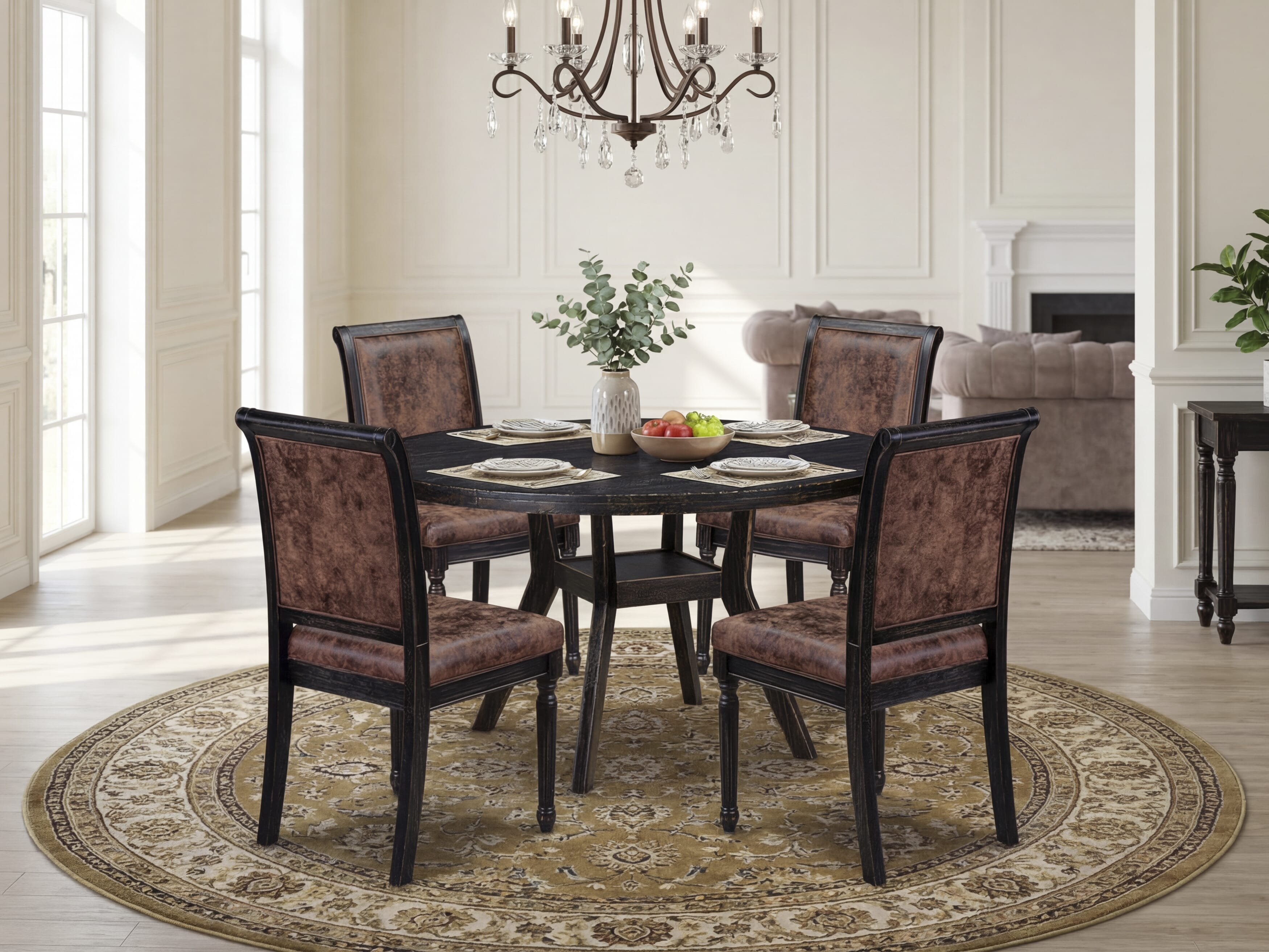 Luxe by East West Furniture I8CY5-511-33 5-Piece Dining Table Set with Polyester 4 Brown Textured upholstered chairs, High Back, and A Kitchen Table in Sand Blasting Black Finish.