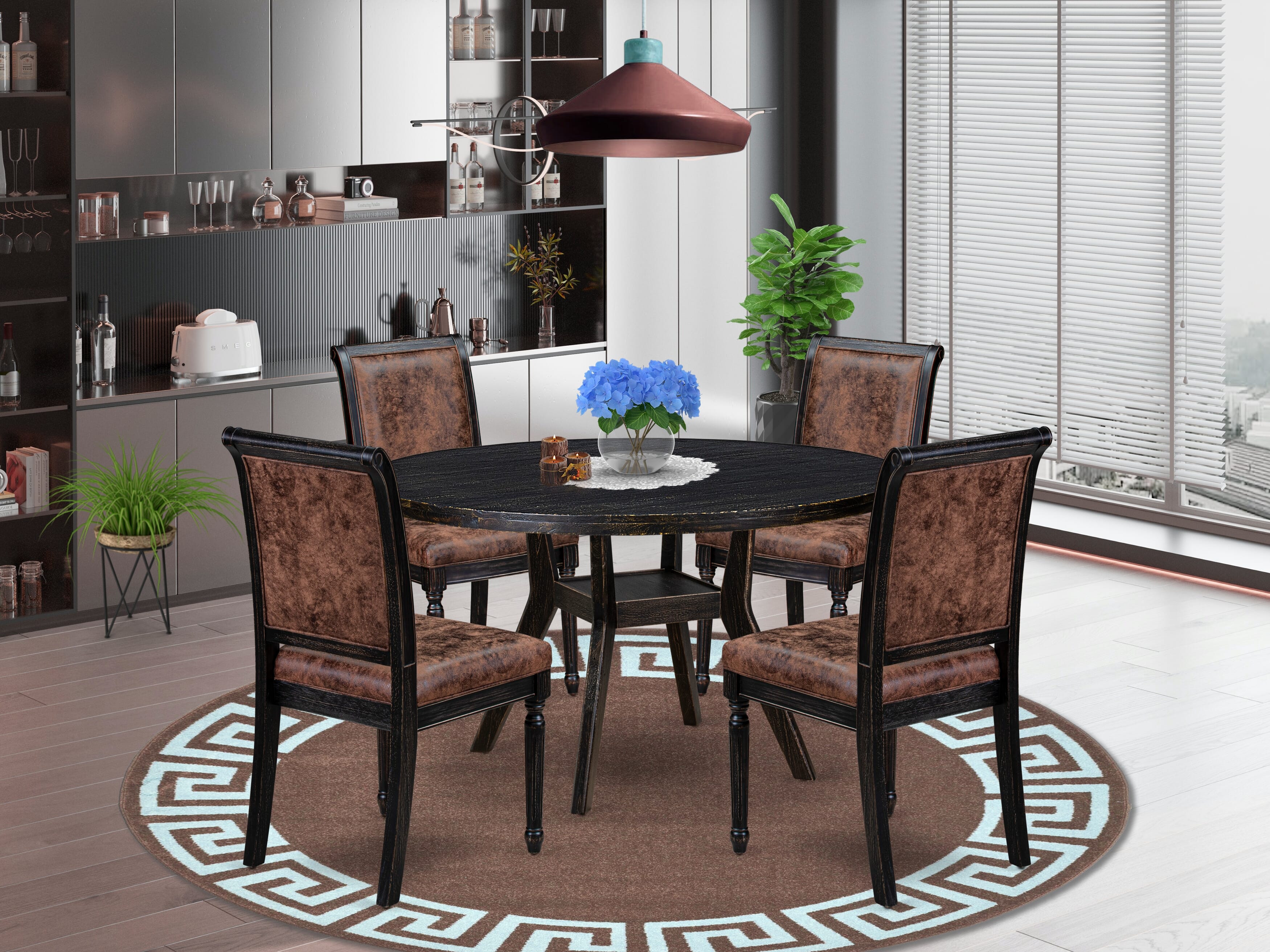 Luxe by East West Furniture I8CY5-511-33 5-Piece Dining Table Set with Polyester 4 Brown Textured upholstered chairs, High Back, and A Kitchen Table in Sand Blasting Black Finish.