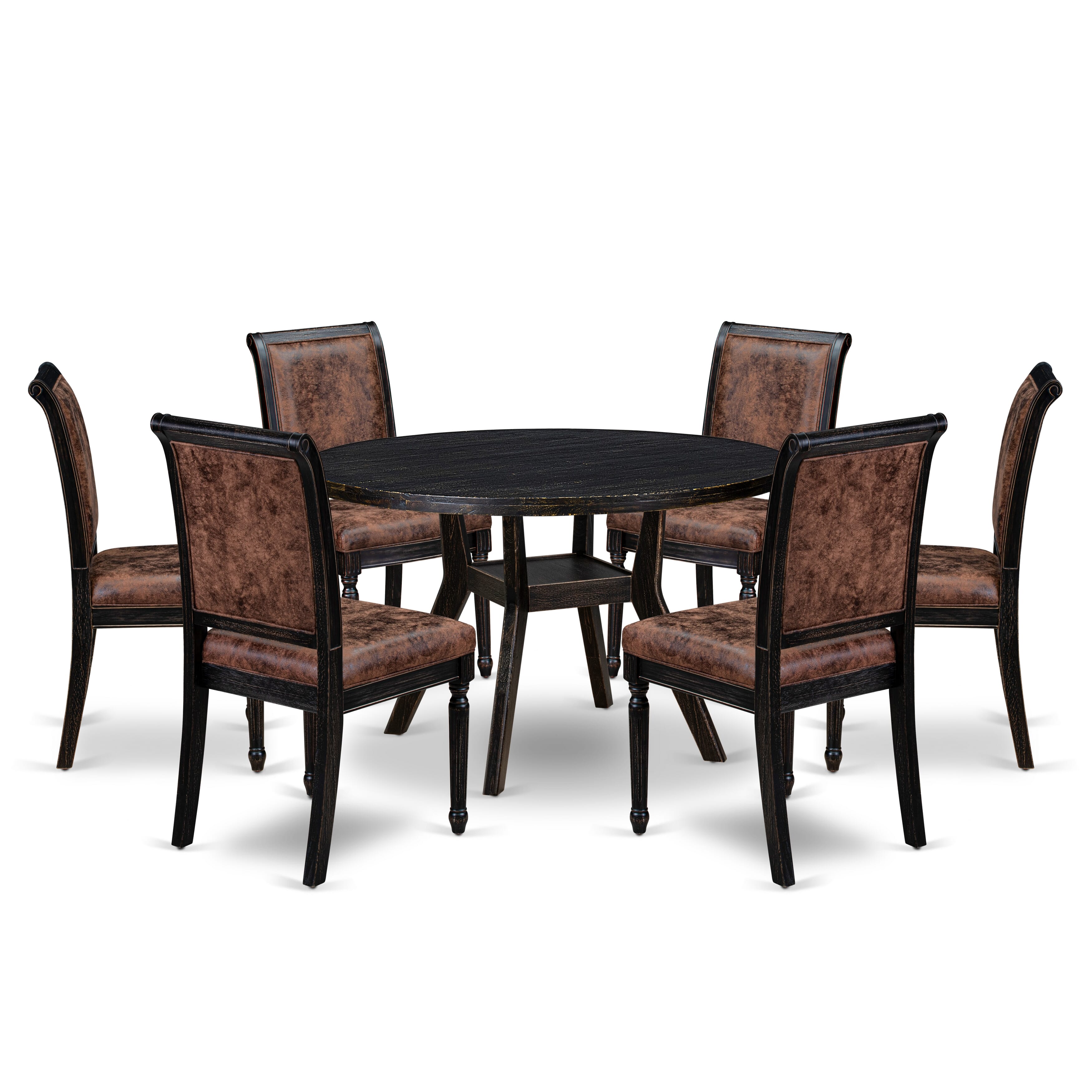 Luxe by East West Furniture I8CY7-411-33 7-Piece Kitchen Set with Polyester 6 Brown Textured dining room chairs, High Back, and A Breakfast Table in Sand Blasting Black Finish.