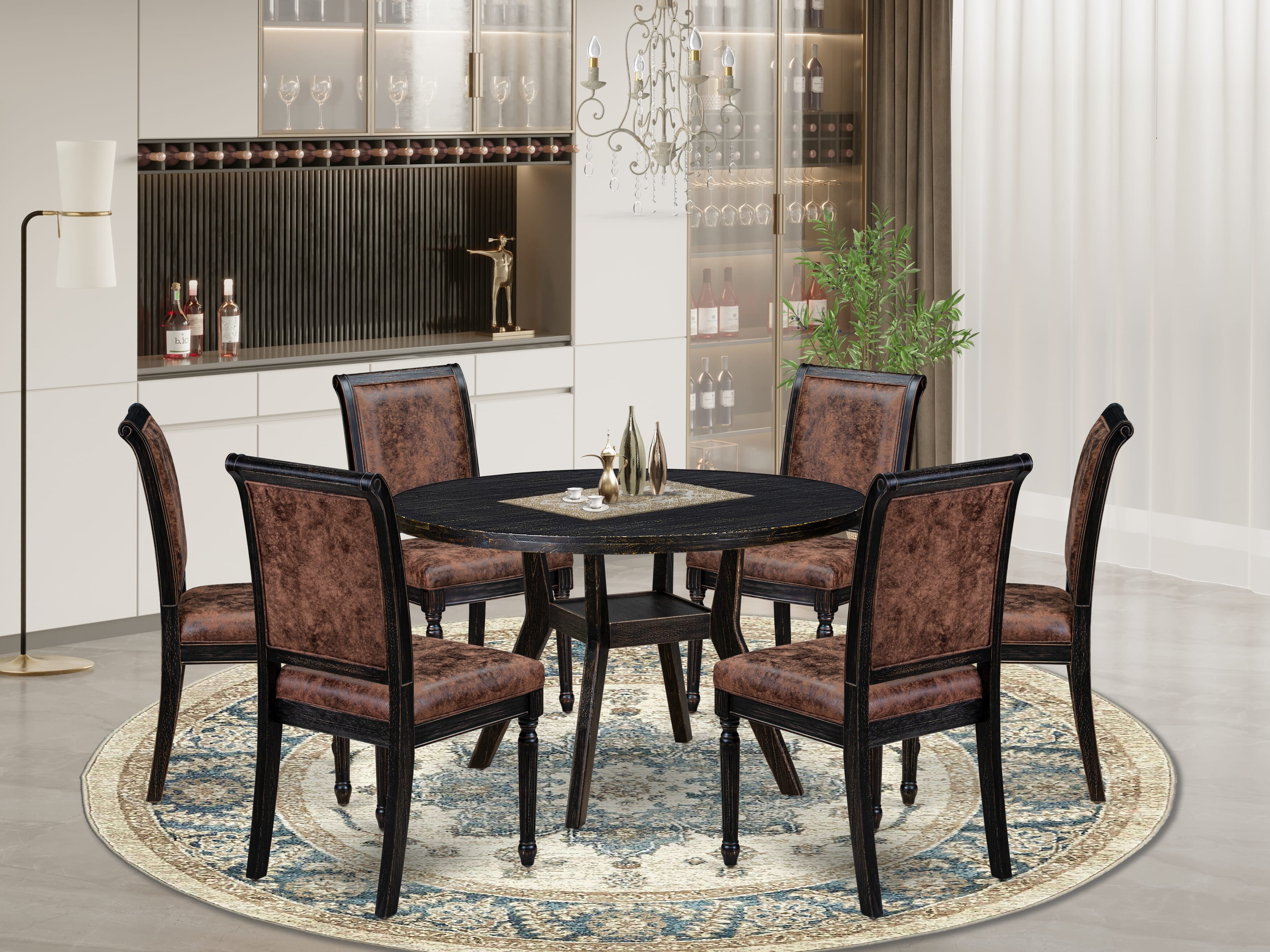 Luxe by East West Furniture I8CY7-411-33 7-Piece Kitchen Set with Polyester 6 Brown Textured dining room chairs, High Back, and A Breakfast Table in Sand Blasting Black Finish.