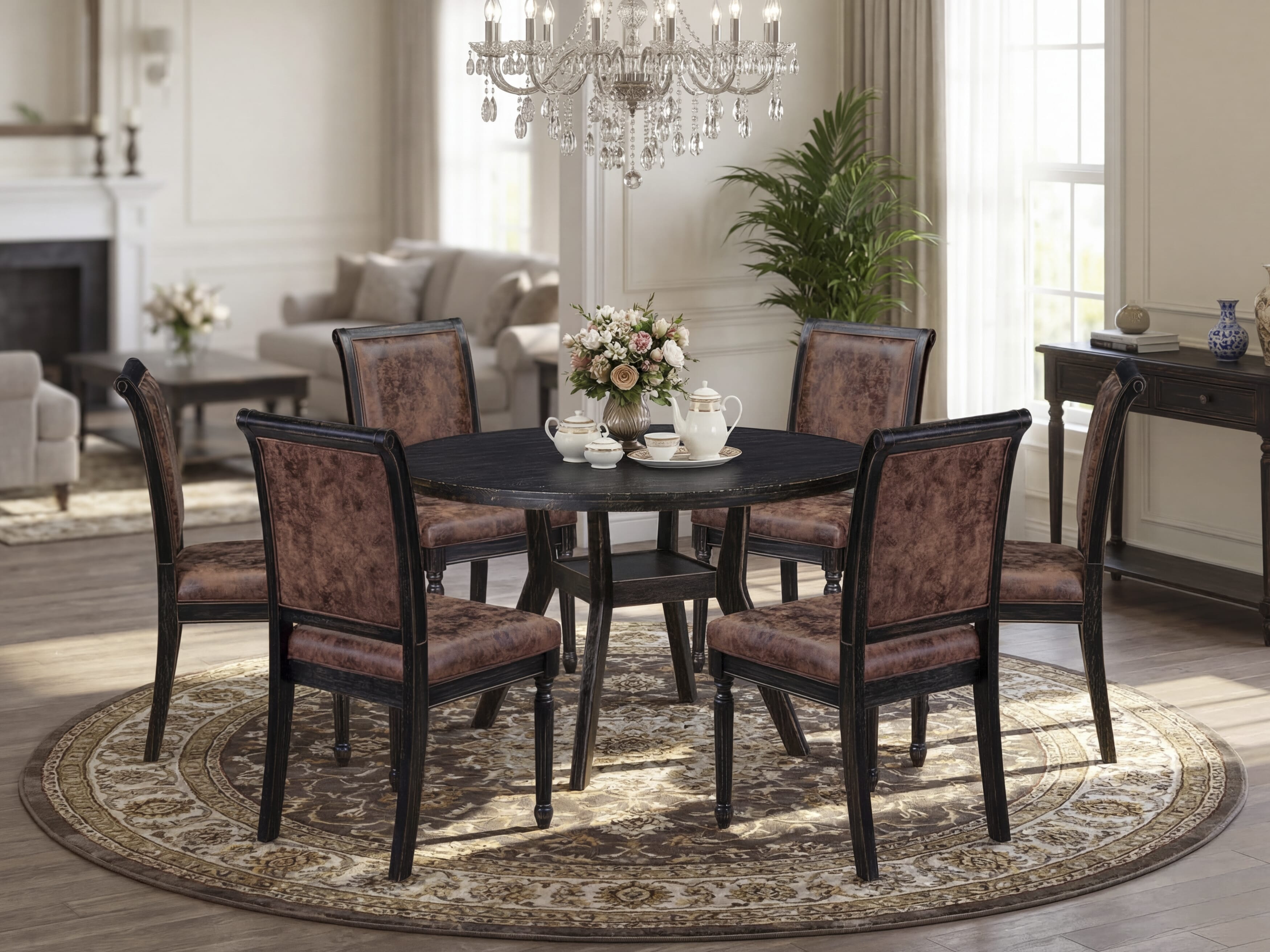 Luxe by East West Furniture I8CY7-411-33 7-Piece Kitchen Set with Polyester 6 Brown Textured dining room chairs, High Back, and A Breakfast Table in Sand Blasting Black Finish.