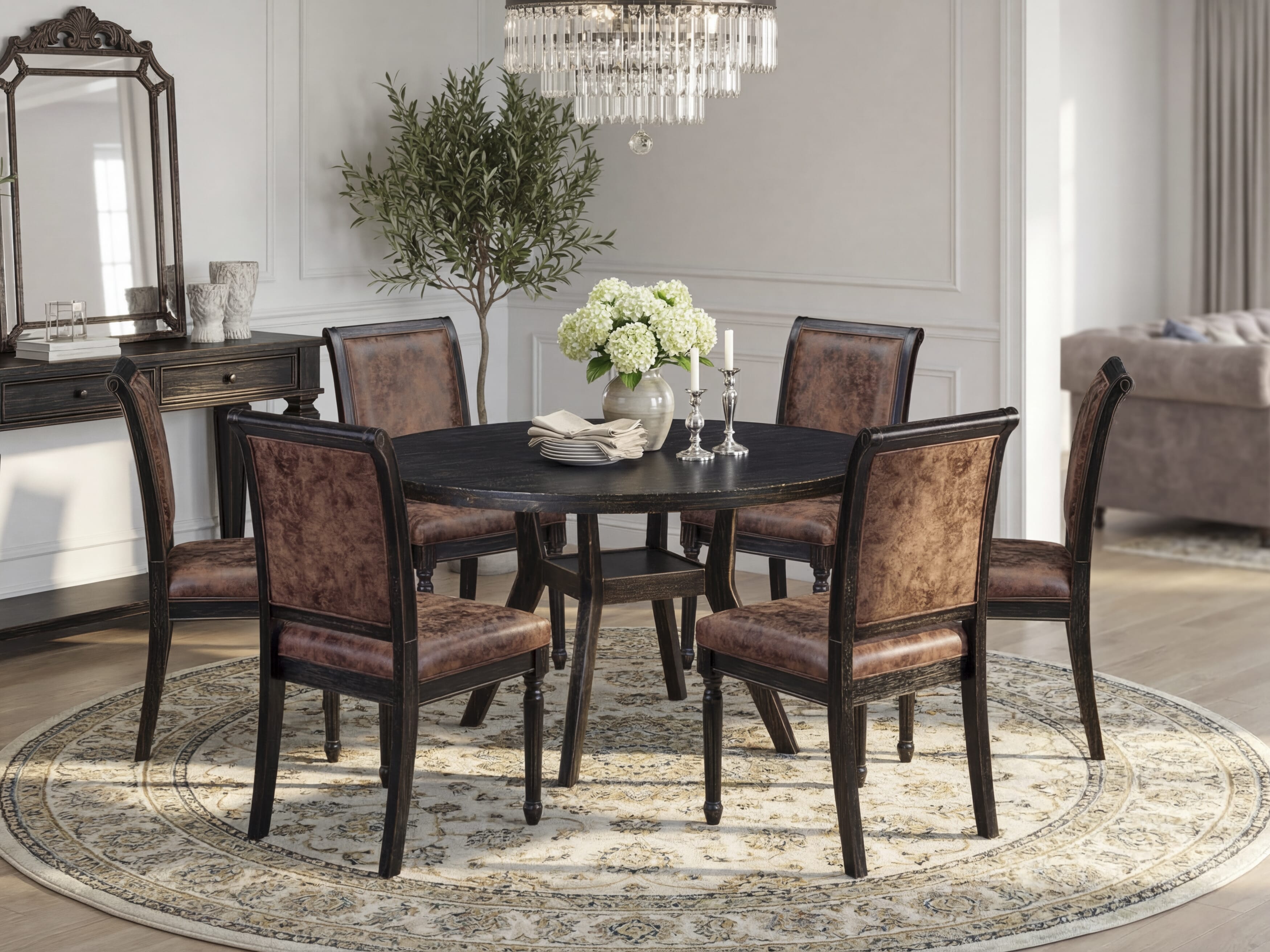 Luxe by East West Furniture I8CY7-511-33 7-Piece Dining Room Set with Polyester 6 Brown Textured kitchen chairs, High Back, and A Modern Table in Sand Blasting Black Finish.
