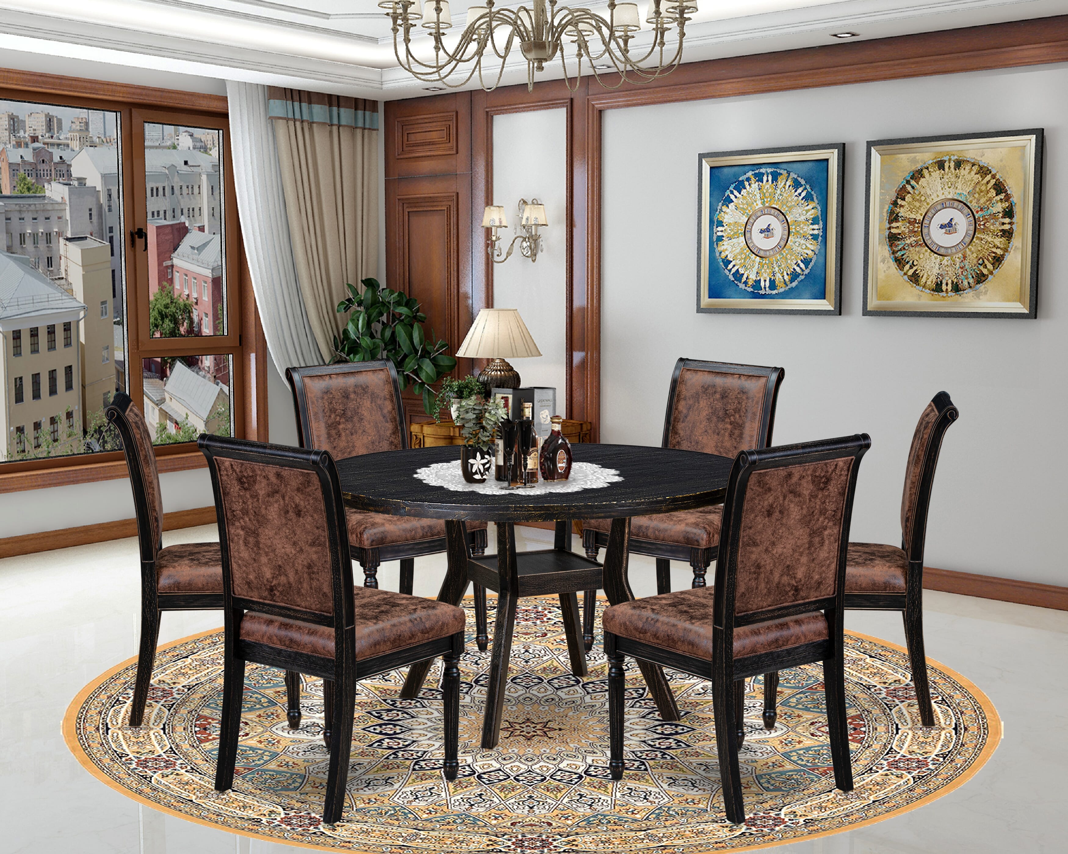 Luxe by East West Furniture I8CY7-511-33 7-Piece Dining Room Set with Polyester 6 Brown Textured kitchen chairs, High Back, and A Modern Table in Sand Blasting Black Finish.