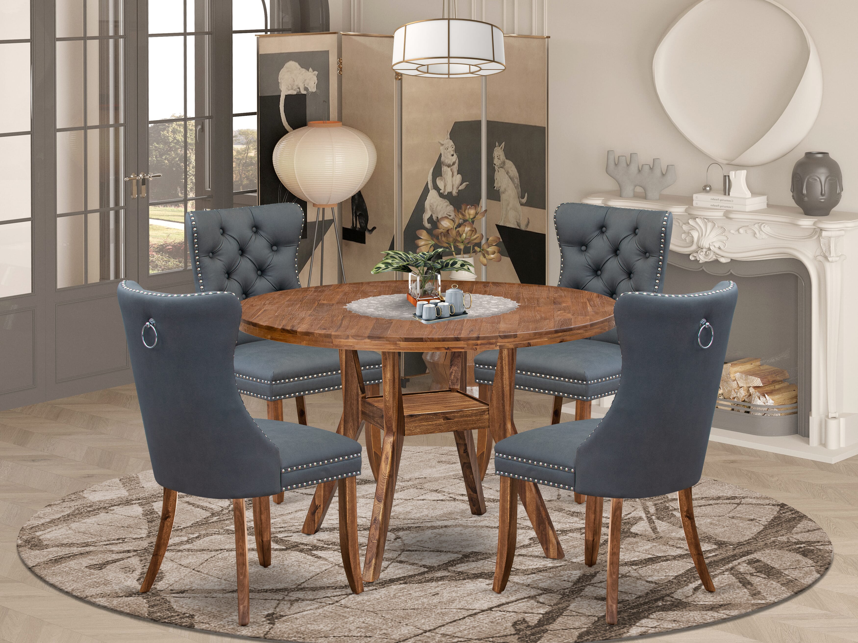 Luxe by East West Furniture I8DA5-40N-13 5-piece Modern Dining table set included a Kitchen Table and 4 Platinum Gray Faux Leather Dining Room Chairs with Button Tufted Back - Antique Walnut Finish