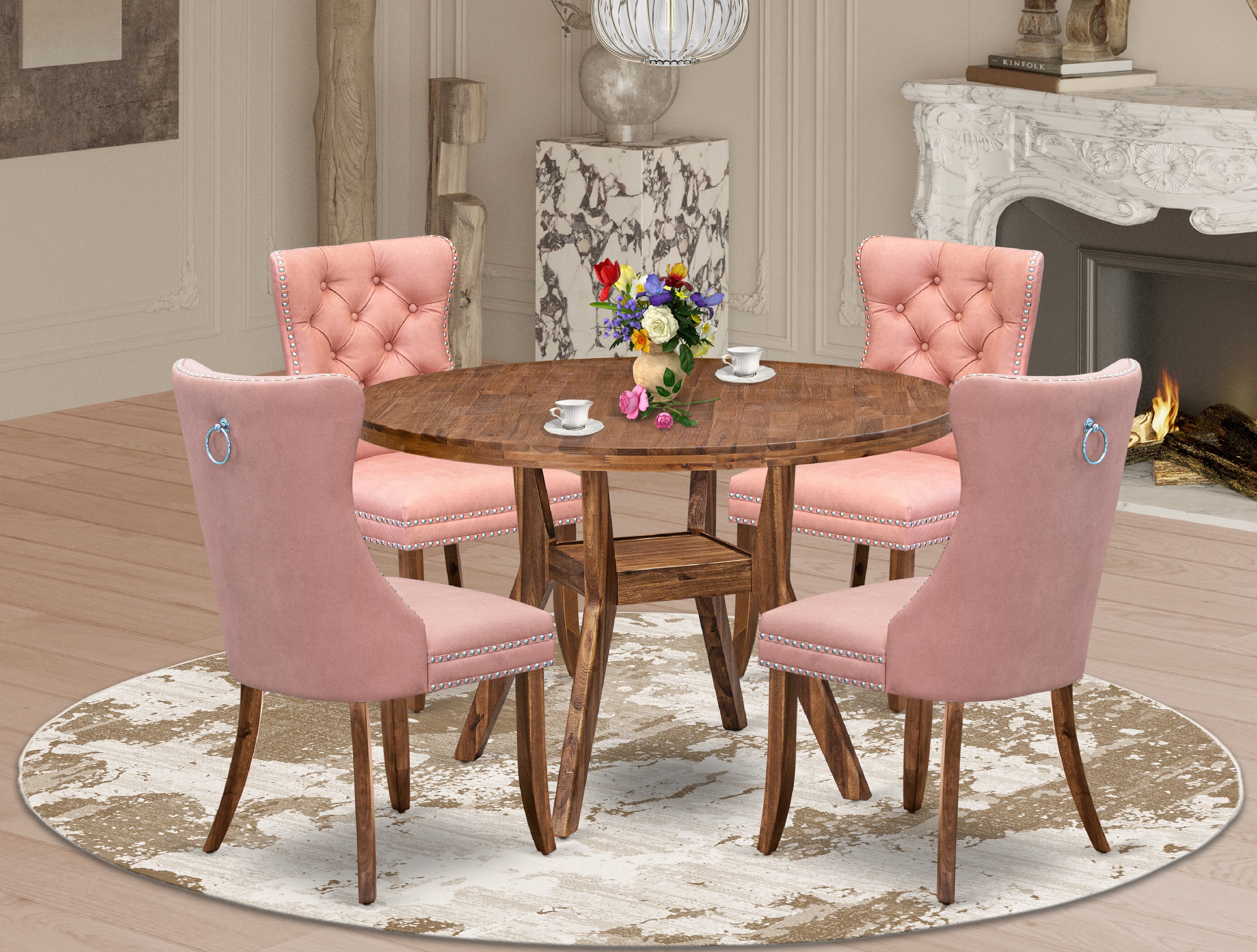 Luxe by East West Furniture I8DA5-40N-23 5-Pc Dinner Table Set Contain a Wooden Table and 4 Beige Red Faux Leather Upholstered Chairs with Button-Tufted Back, Antique Walnut