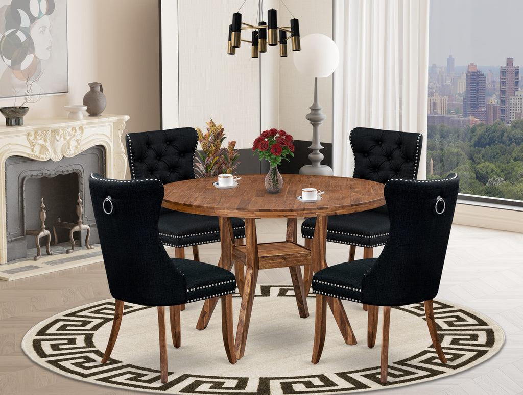 Luxe by East West Furniture I8DA5-40N-24 5-Piece Dining Table Set with Linen Fabric 4 Black Kitchen chairs, Button-Tufted Backs, and a 48"Round Dinner Table in Antique Walnut Finish.