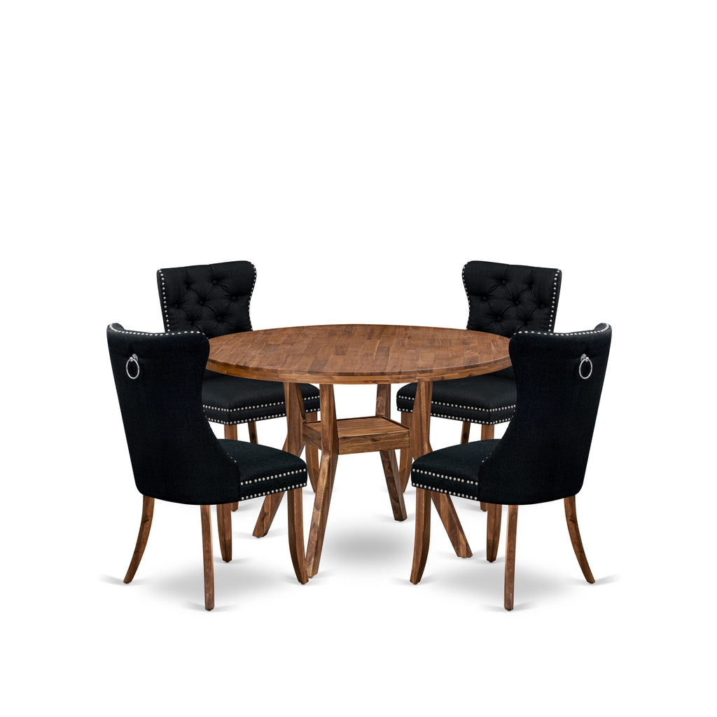 Luxe by East West Furniture I8DA5-40N-24 5-Piece Dining Table Set with Linen Fabric 4 Black Kitchen chairs, Button-Tufted Backs, and a 48"Round Dinner Table in Antique Walnut Finish.